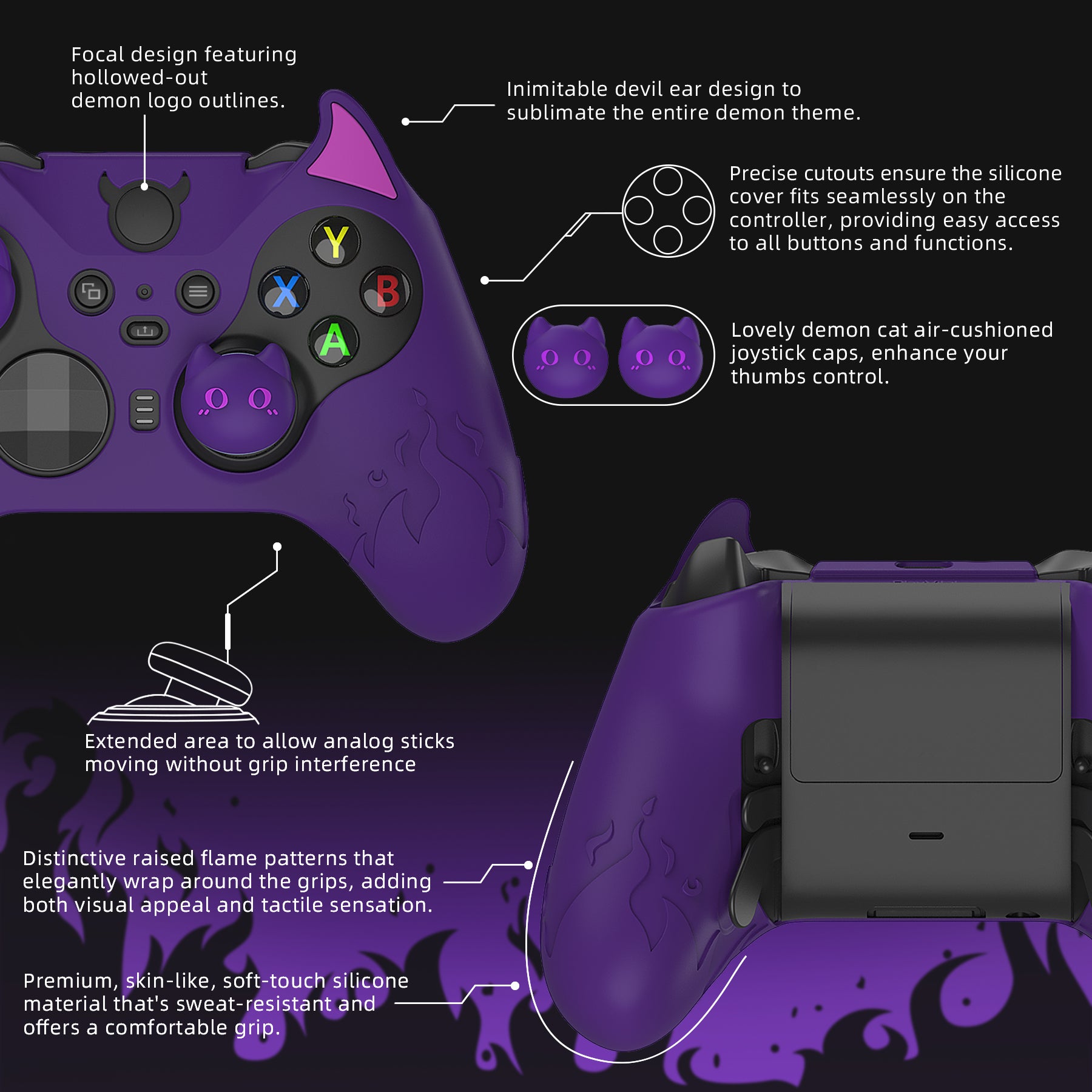 PlayVital Cute Demon Silicone Case Cover with Thumb Grips Caps for Xbox Elite Series 2 Controller & Xbox Elite Series 2 Core Controller - Purple - UQNE2P001 PlayVital