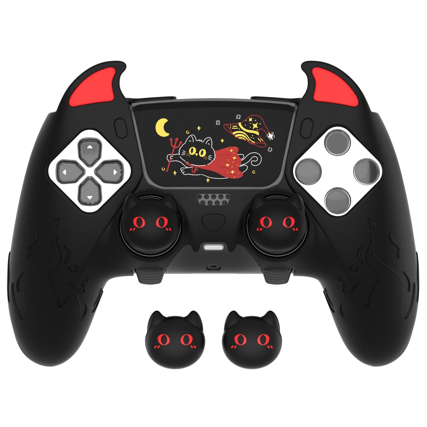 PlayVital Cute Demon Silicone Case with Touch Pad Sticker & Thumb Grip Caps for PS5 Edge Controller - Black PlayVital