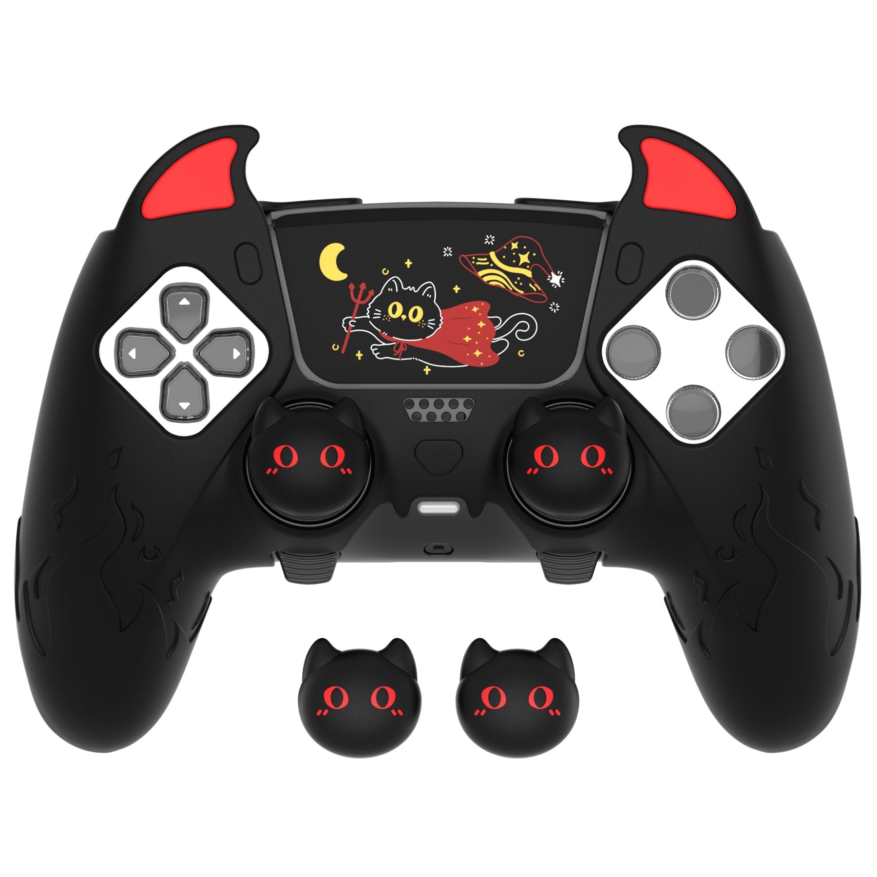PlayVital Cute Demon Silicone Case with Touch Pad Sticker & Thumb Grip Caps for PS5 Edge Controller - Black PlayVital