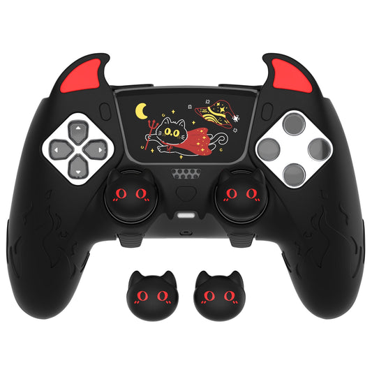 PlayVital Cute Demon Silicone Case with Touch Pad Sticker & Thumb Grip Caps for PS5 Edge Controller - Black PlayVital