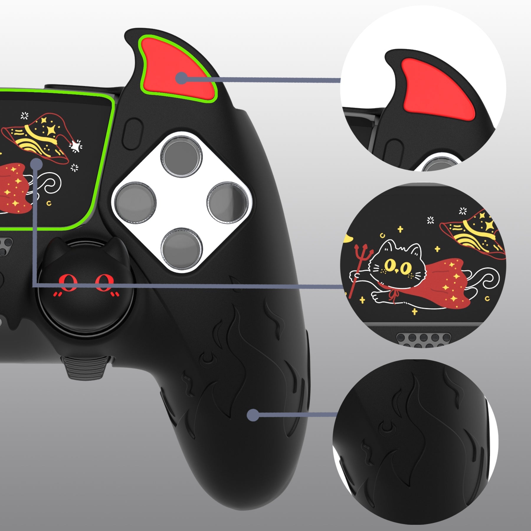 PlayVital Cute Demon Silicone Case with Touch Pad Sticker & Thumb Grip Caps for PS5 Edge Controller - Black PlayVital
