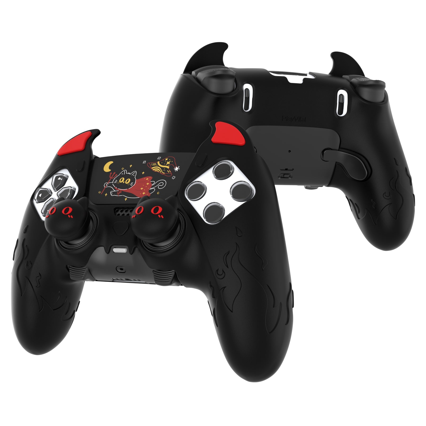 PlayVital Cute Demon Silicone Case with Touch Pad Sticker & Thumb Grip Caps for PS5 Edge Controller - Black PlayVital