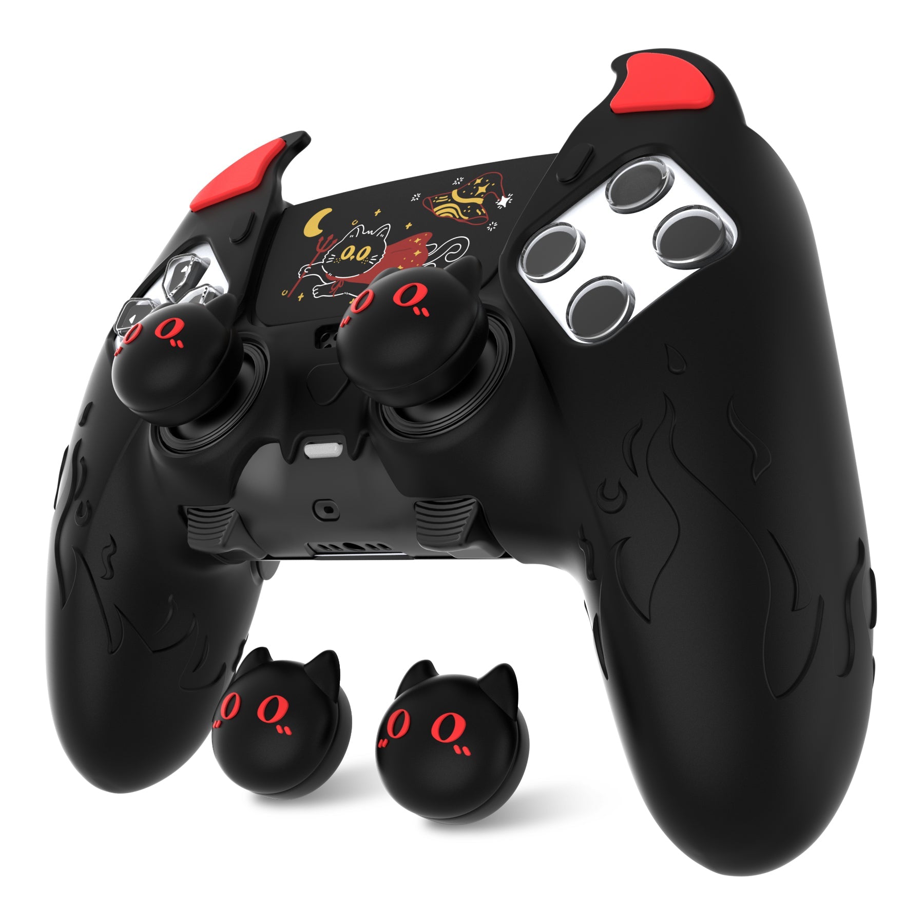 PlayVital Cute Demon Silicone Case with Touch Pad Sticker & Thumb Grip Caps for PS5 Edge Controller - Black PlayVital