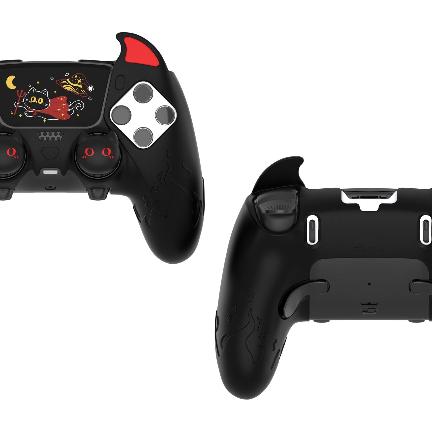 PlayVital Cute Demon Silicone Case with Touch Pad Sticker & Thumb Grip Caps for PS5 Edge Controller - Black PlayVital