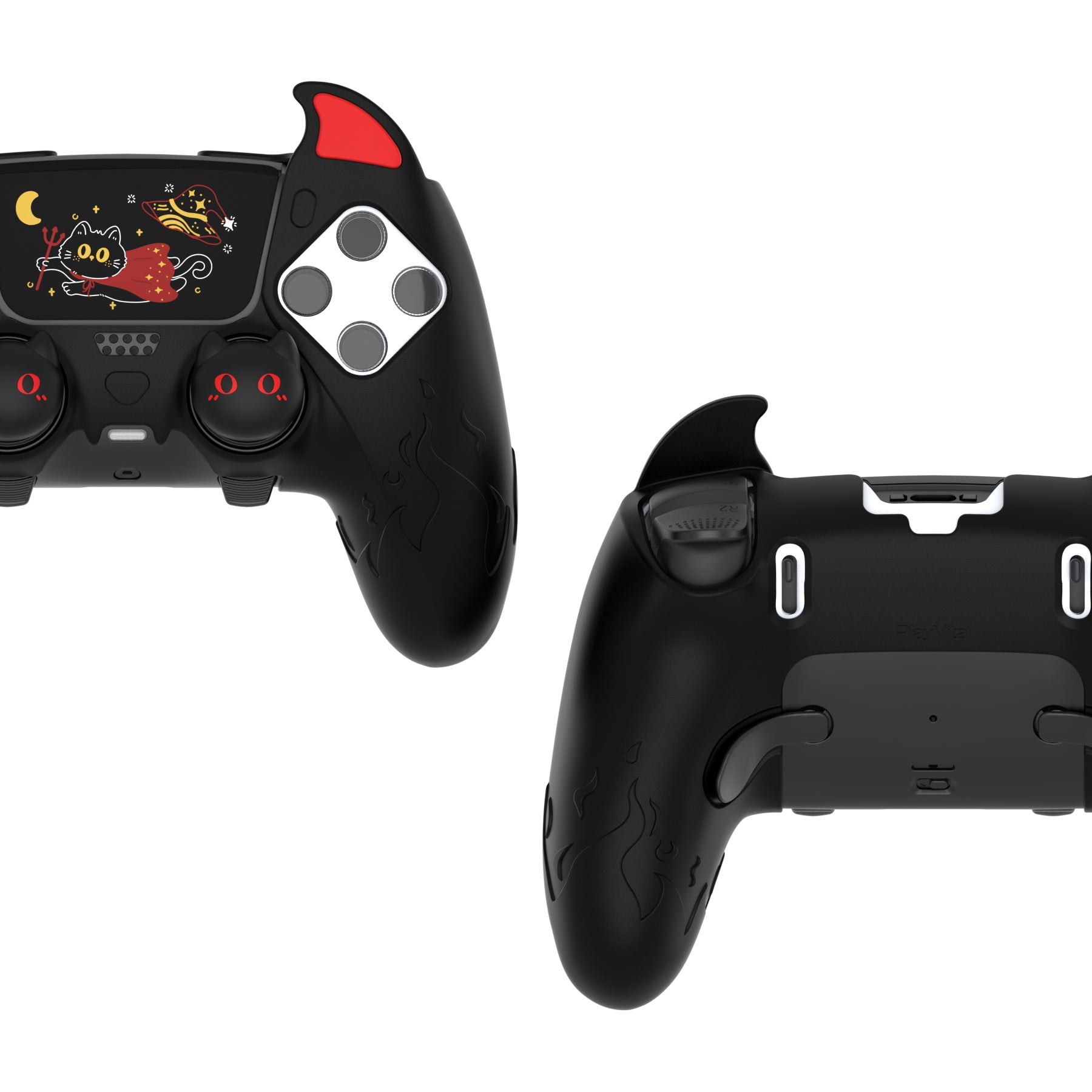 PlayVital Cute Demon Silicone Case with Touch Pad Sticker & Thumb Grip Caps for PS5 Edge Controller - Black PlayVital