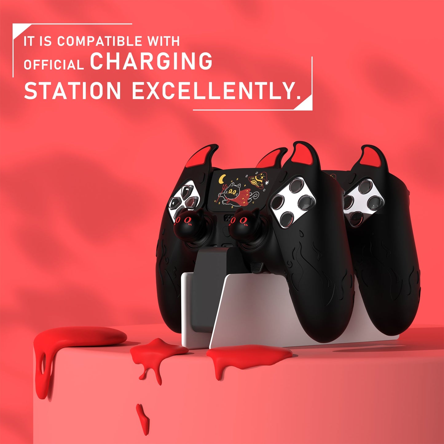 PlayVital Cute Demon Silicone Case with Touch Pad Sticker & Thumb Grip Caps for PS5 Edge Controller - Black PlayVital