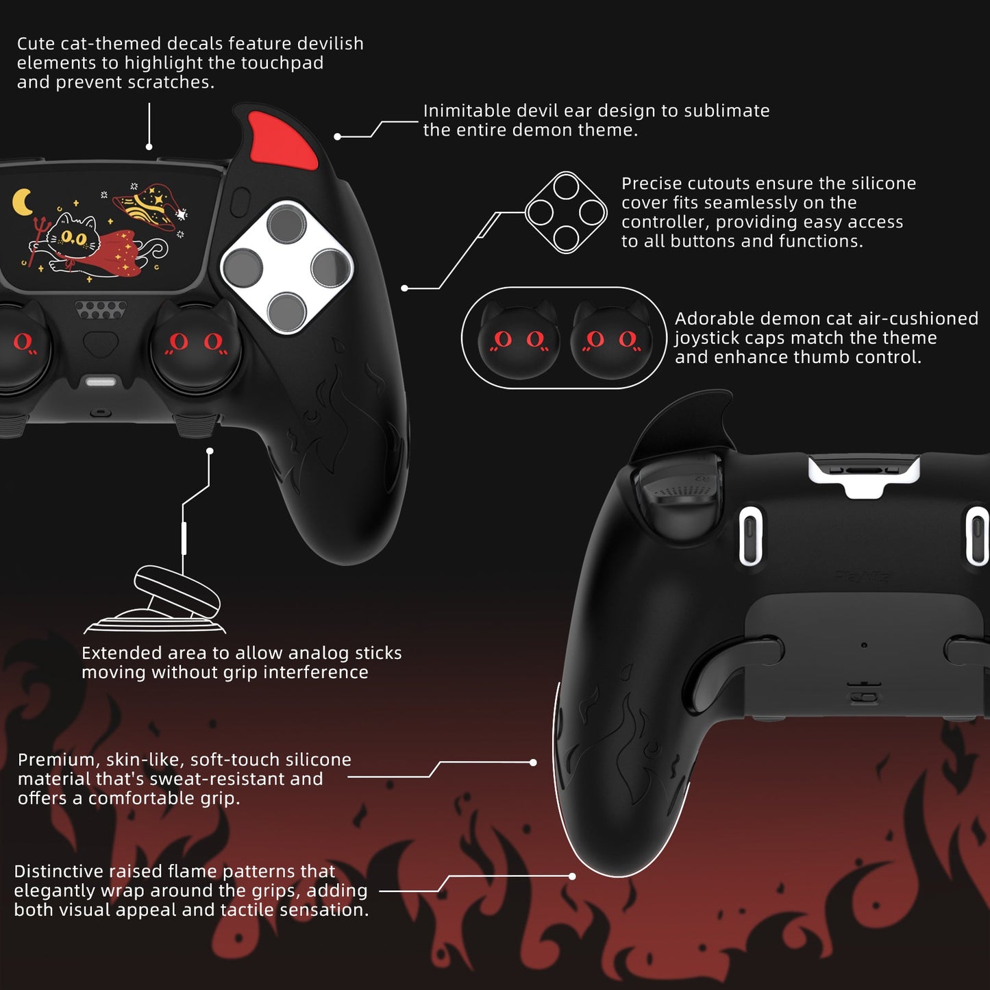 PlayVital Cute Demon Silicone Case with Touch Pad Sticker & Thumb Grip Caps for PS5 Edge Controller - Black PlayVital