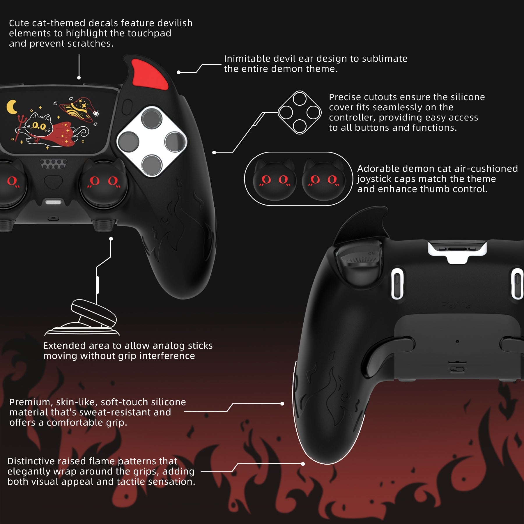 PlayVital Cute Demon Silicone Case with Touch Pad Sticker & Thumb Grip Caps for PS5 Edge Controller - Black PlayVital