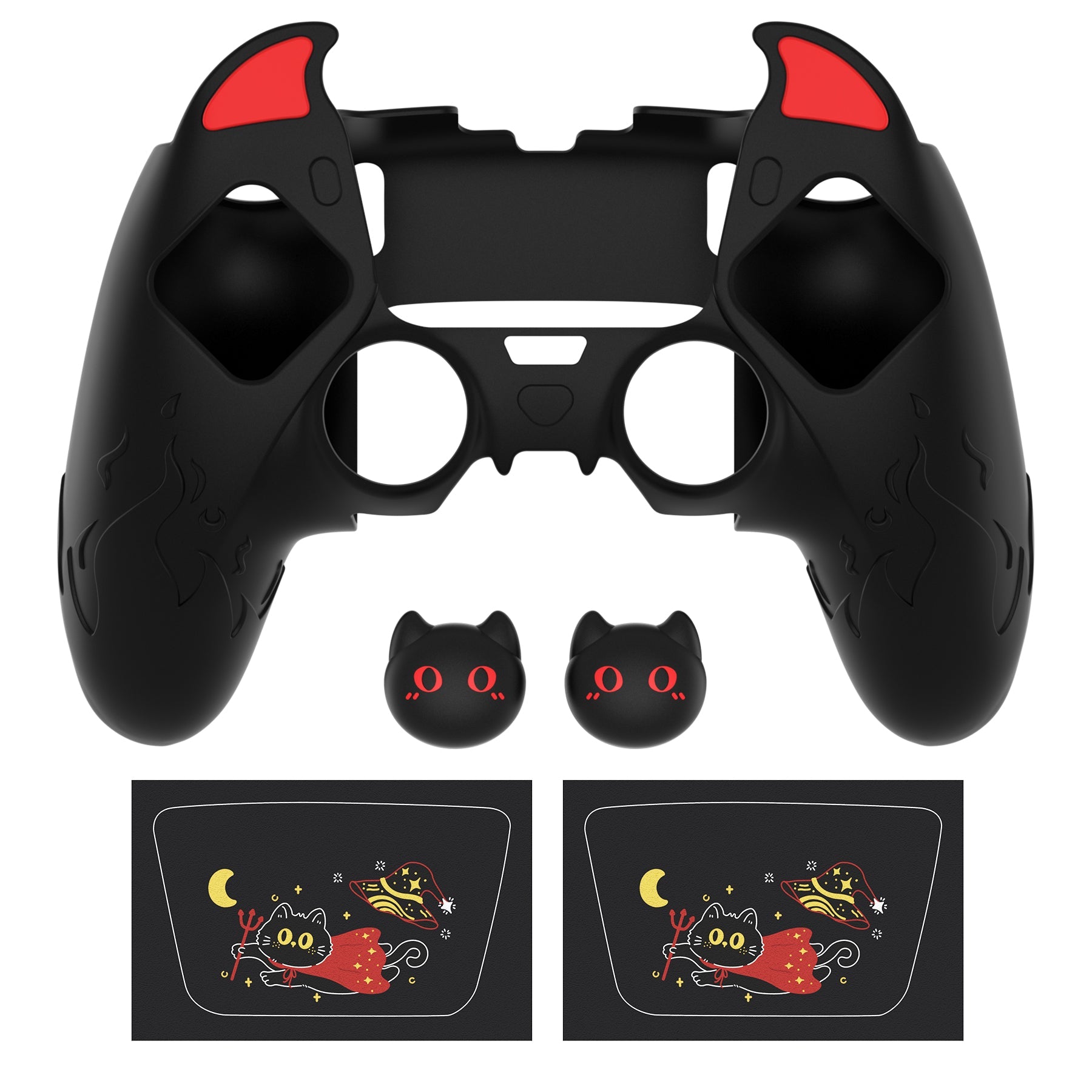 PlayVital Cute Demon Silicone Case with Touch Pad Sticker & Thumb Grip Caps for PS5 Edge Controller - Black PlayVital