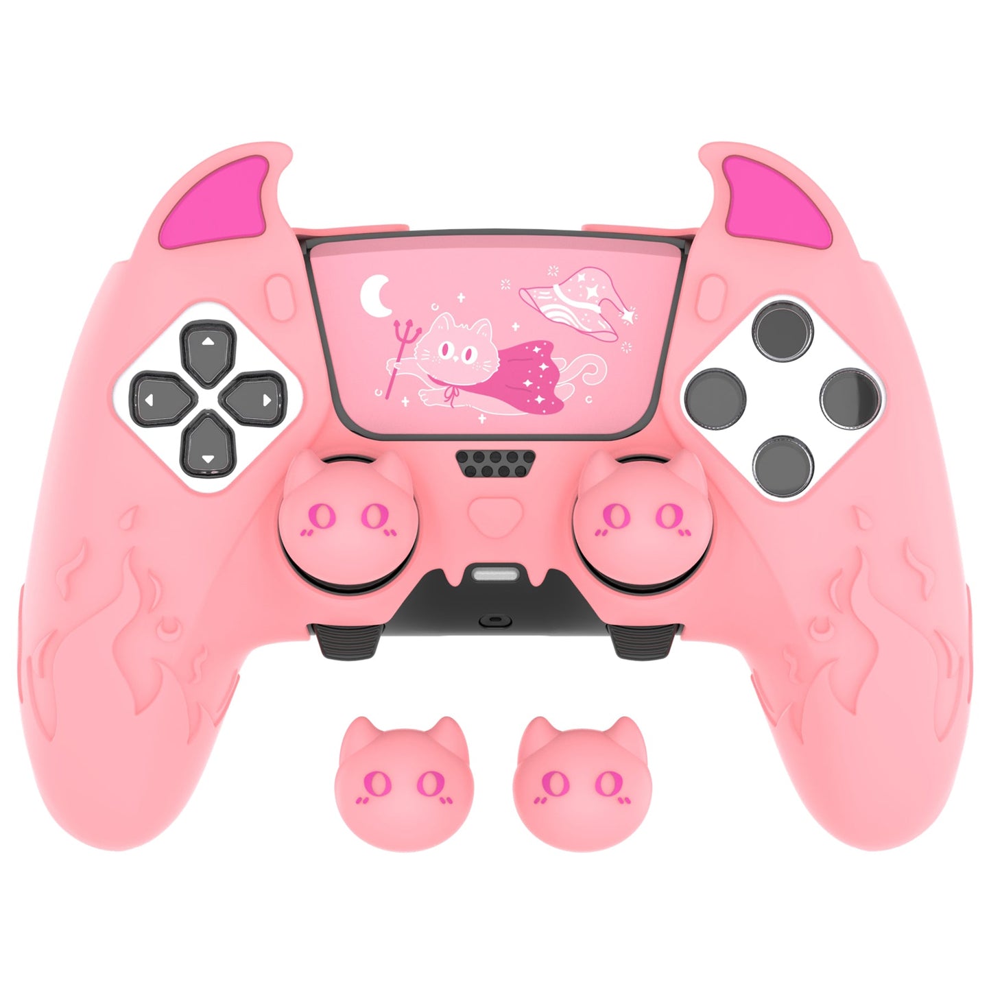PlayVital Cute Demon Silicone Case with Touch Pad Sticker & Thumb Grip Caps for PS5 Edge Controller - Pink PlayVital