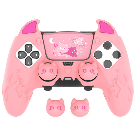 PlayVital Cute Demon Silicone Case with Touch Pad Sticker & Thumb Grip Caps for PS5 Edge Controller - Pink PlayVital
