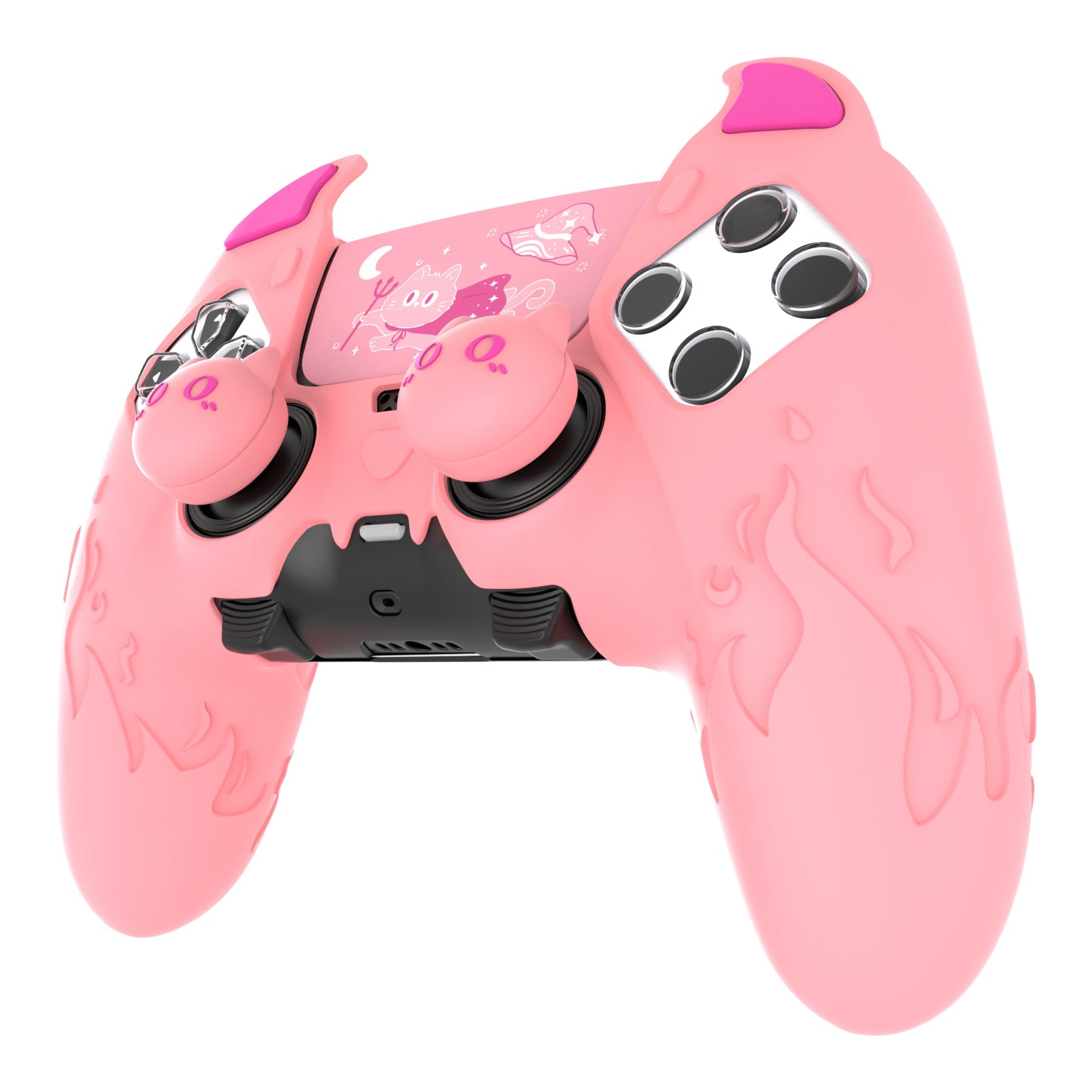 PlayVital Cute Demon Silicone Case with Touch Pad Sticker & Thumb Grip Caps for PS5 Edge Controller - Pink PlayVital