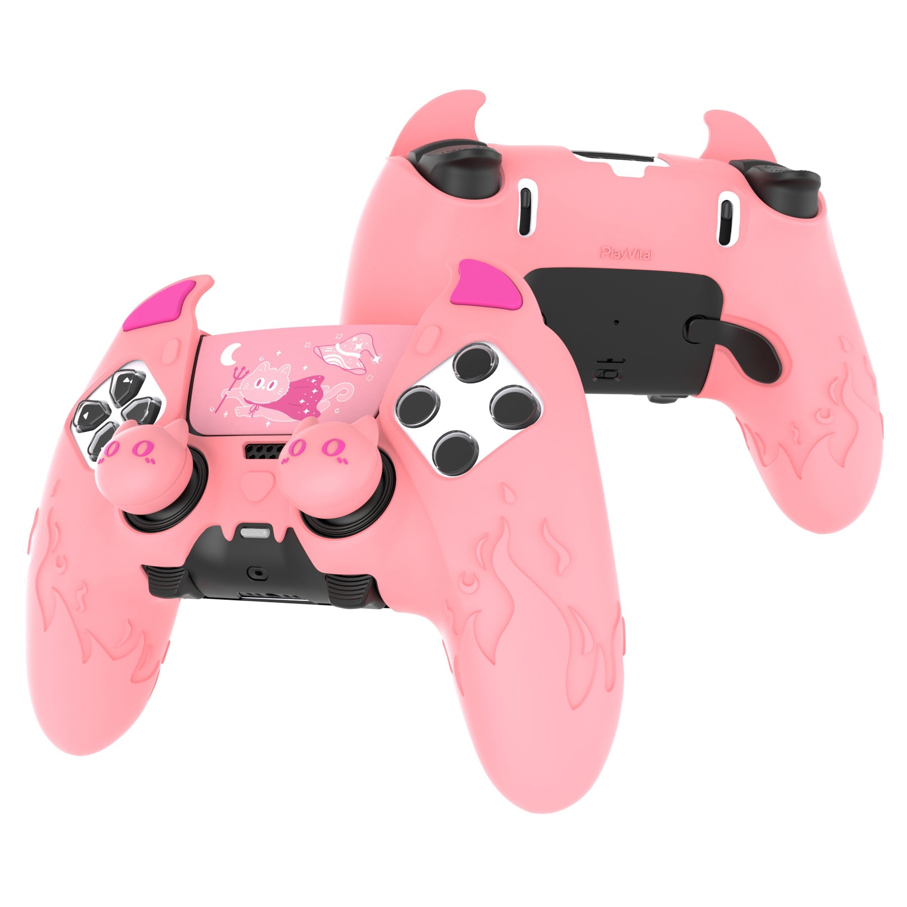 PlayVital Cute Demon Silicone Case with Touch Pad Sticker & Thumb Grip Caps for PS5 Edge Controller - Pink PlayVital