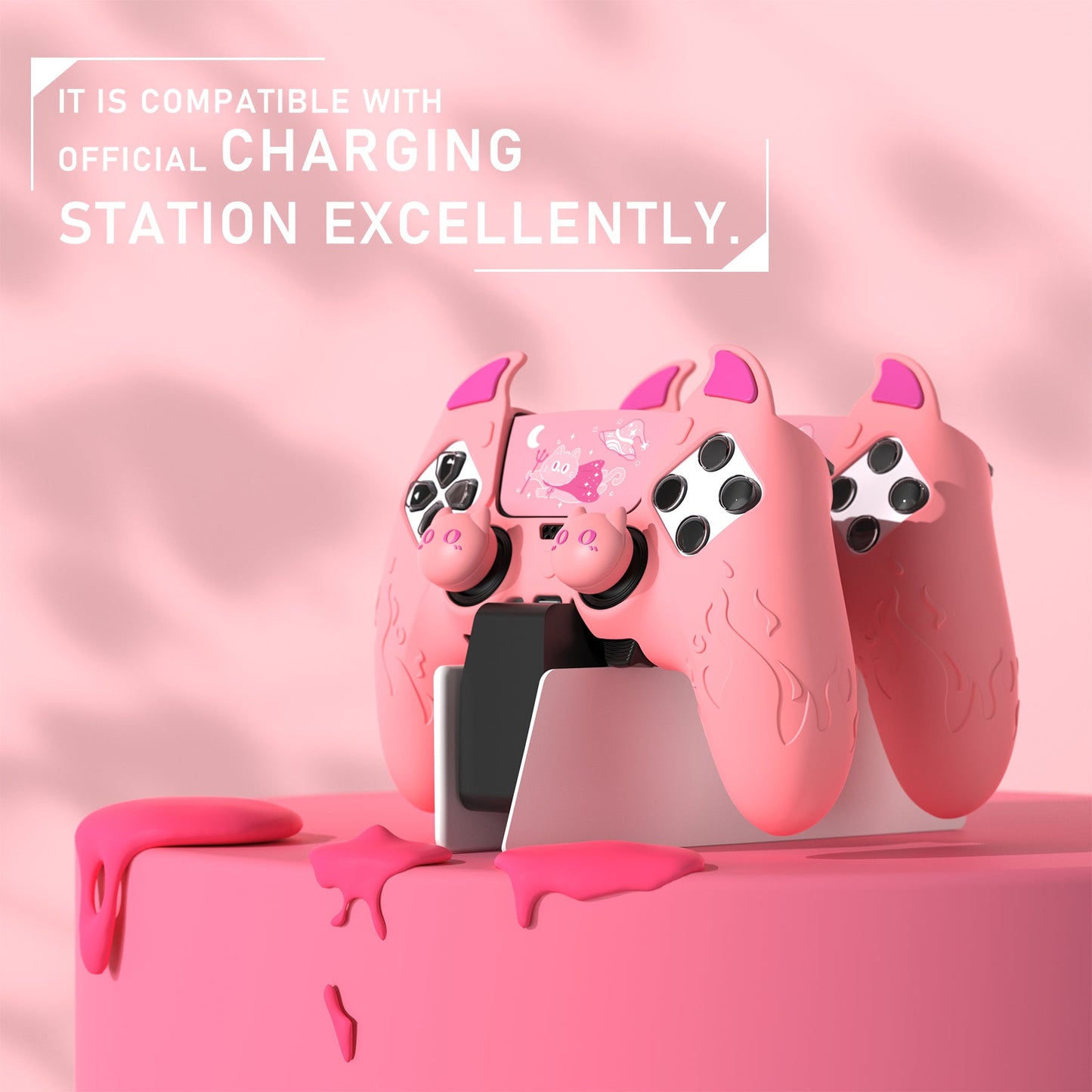 PlayVital Cute Demon Silicone Case with Touch Pad Sticker & Thumb Grip Caps for PS5 Edge Controller - Pink PlayVital