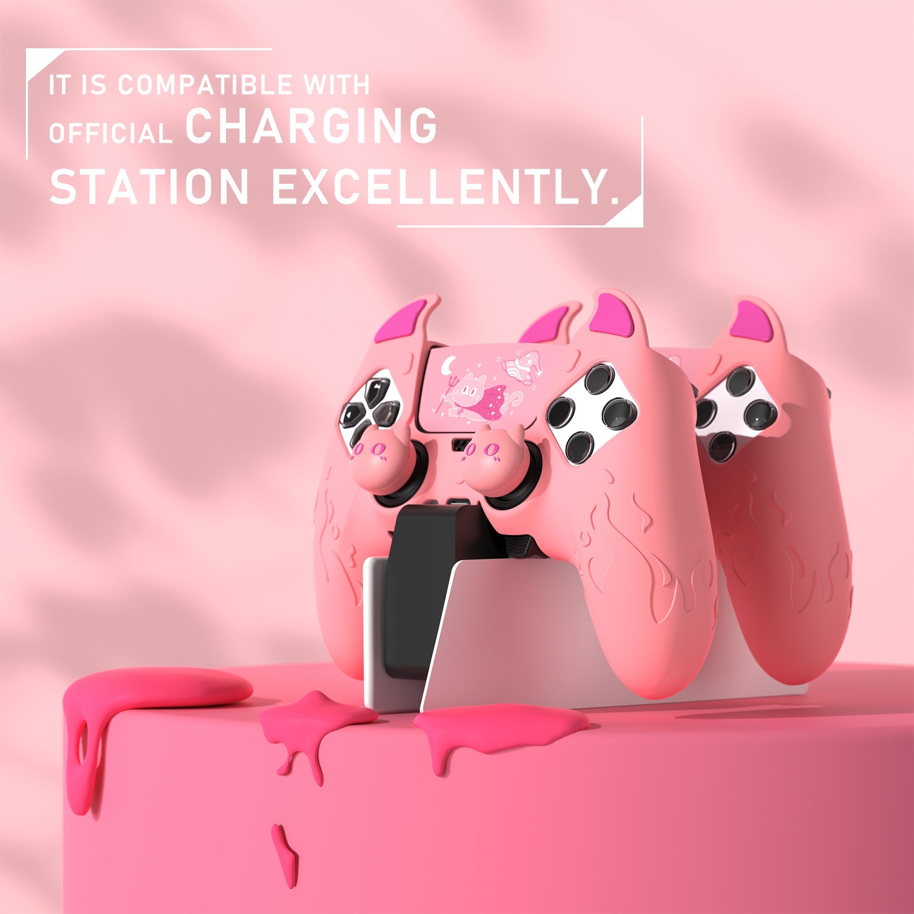 PlayVital Cute Demon Silicone Case with Touch Pad Sticker & Thumb Grip Caps for PS5 Edge Controller - Pink PlayVital