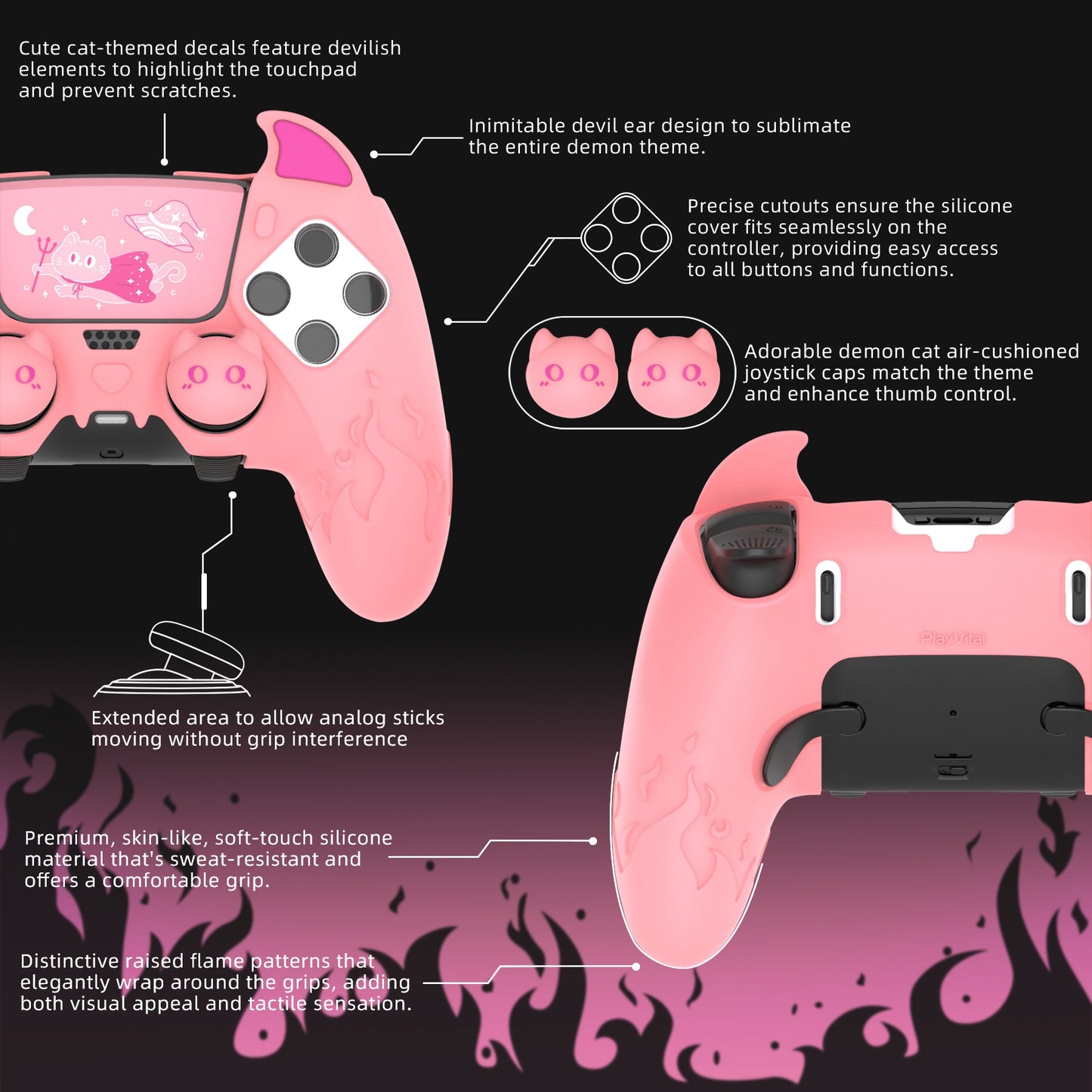 PlayVital Cute Demon Silicone Case with Touch Pad Sticker & Thumb Grip Caps for PS5 Edge Controller - Pink PlayVital