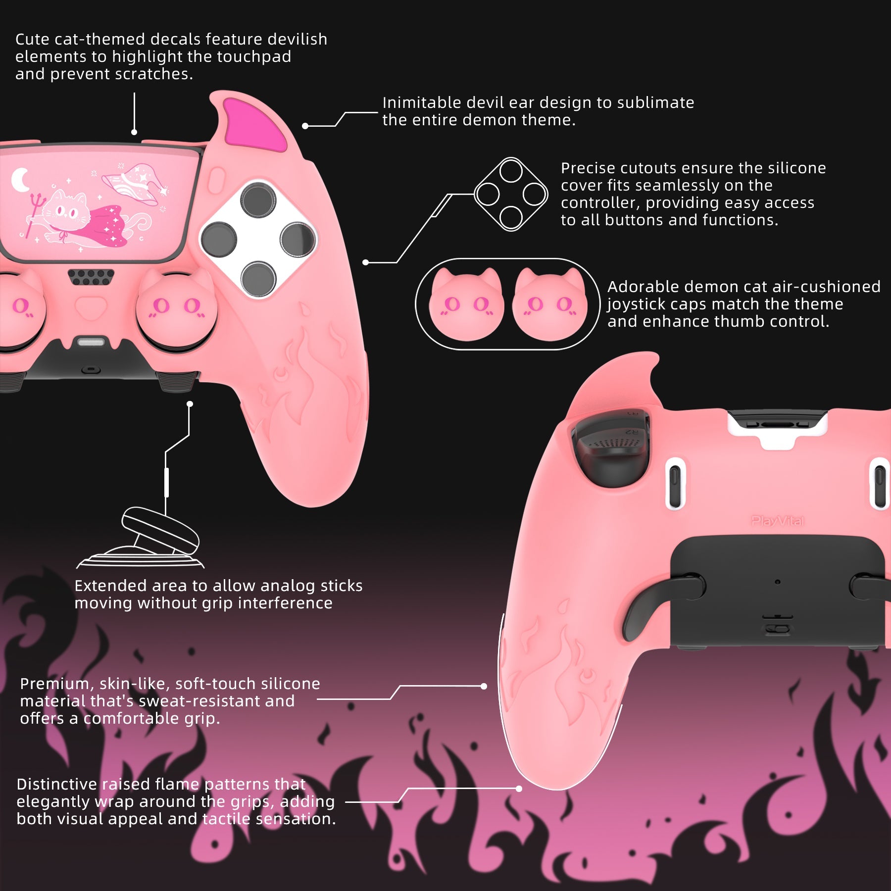 PlayVital Cute Demon Silicone Case with Touch Pad Sticker & Thumb Grip Caps for PS5 Edge Controller - Pink PlayVital