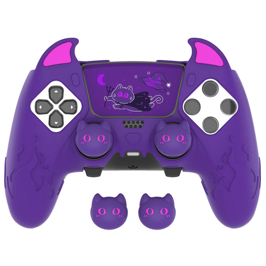 PlayVital Cute Demon Silicone Case with Touch Pad Sticker & Thumb Grip Caps for PS5 Edge Controller - Purple PlayVital