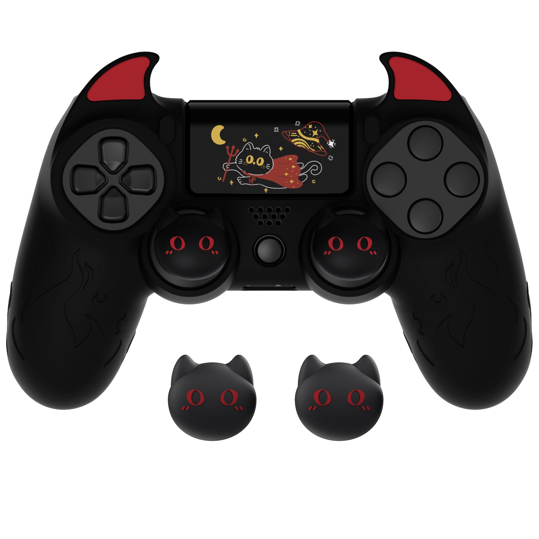 PlayVital Cute Demon Silicone Cover Grip Protector with Thumb Grips & Stickers for PS4 Controller - Black PlayVital