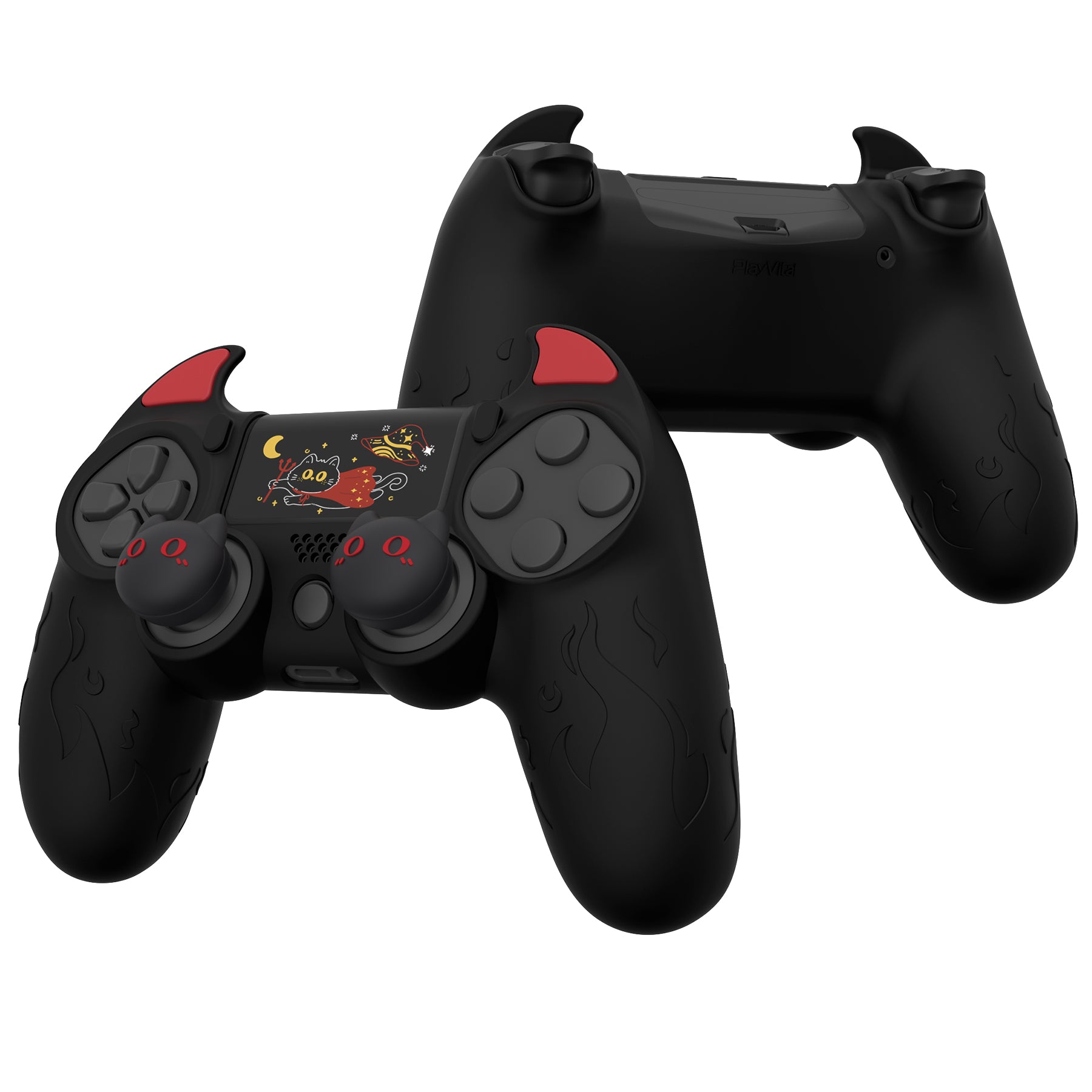 PlayVital Cute Demon Silicone Cover Grip Protector with Thumb Grips & Stickers for PS4 Controller - Black PlayVital