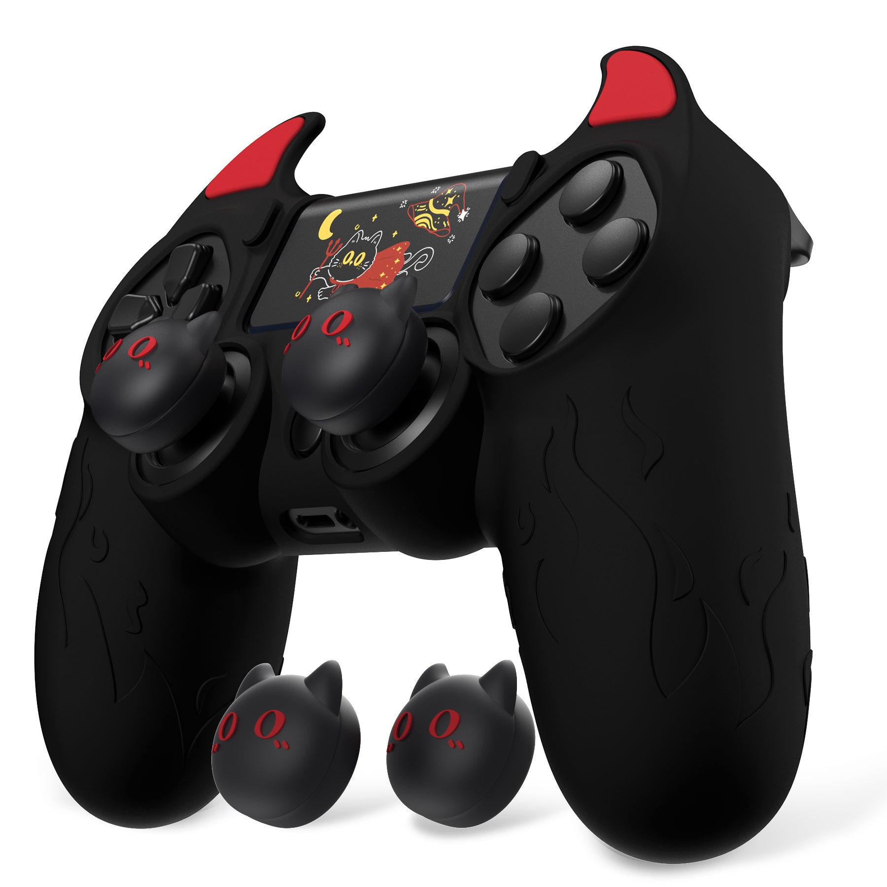 PlayVital Cute Demon Silicone Cover Grip Protector with Thumb Grips & Stickers for PS4 Controller - Black PlayVital