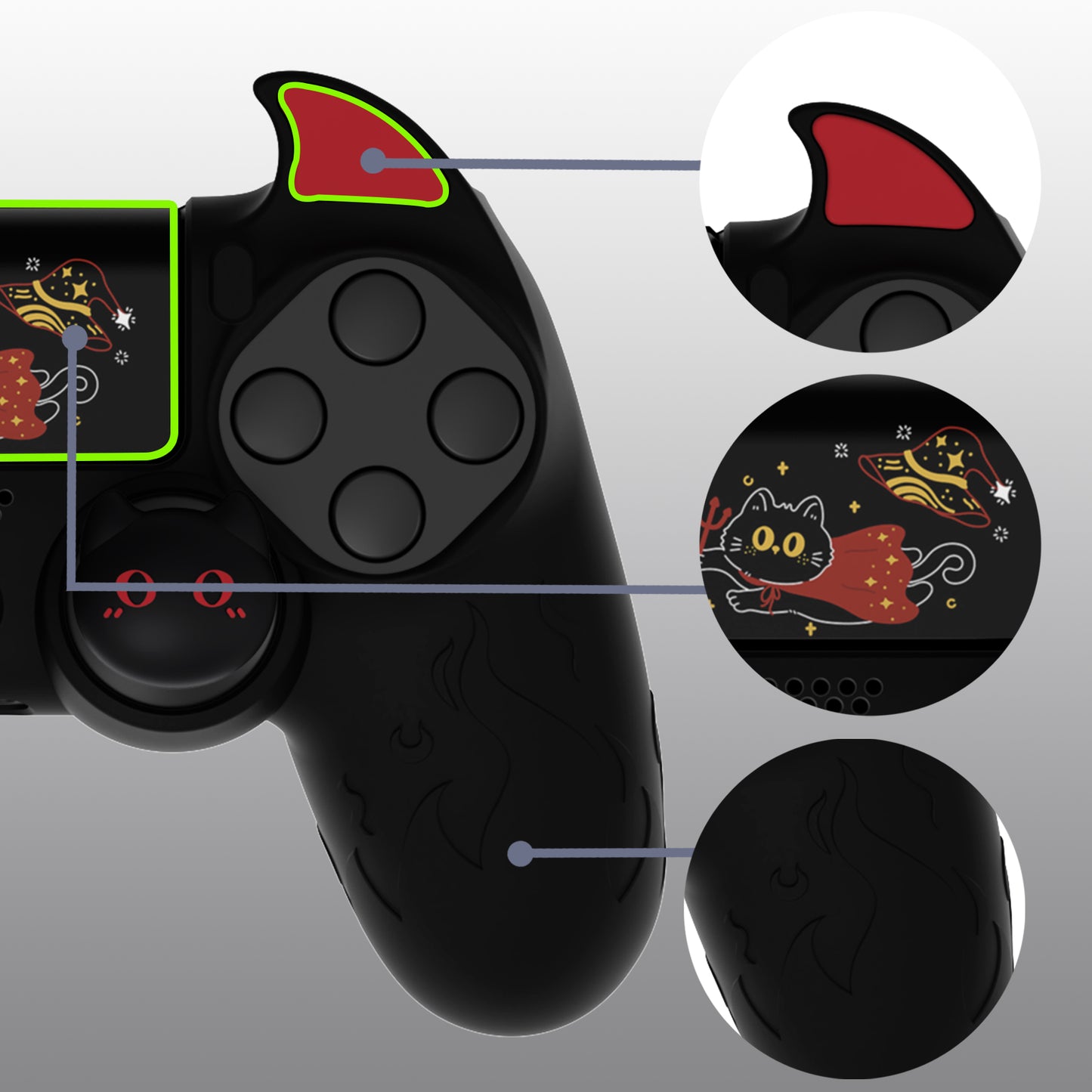 PlayVital Cute Demon Silicone Cover Grip Protector with Thumb Grips & Stickers for PS4 Controller - Black PlayVital