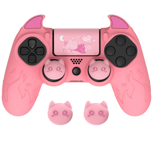 PlayVital Cute Demon Silicone Cover Grip Protector with Thumb Grips & Stickers for PS4 Controller - Pink PlayVital