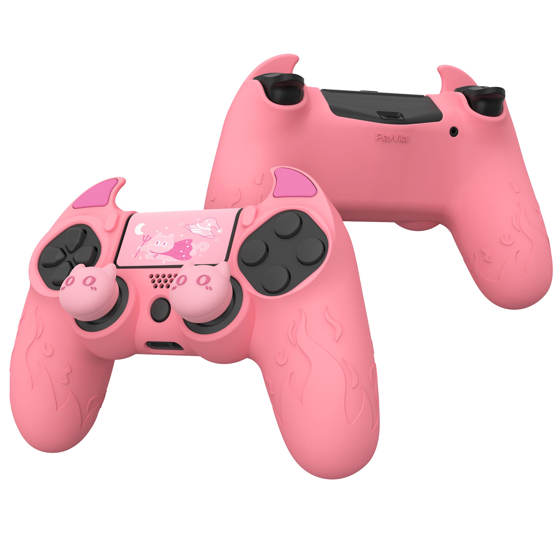 PlayVital Cute Demon Silicone Cover Grip Protector with Thumb Grips & Stickers for PS4 Controller - Pink PlayVital