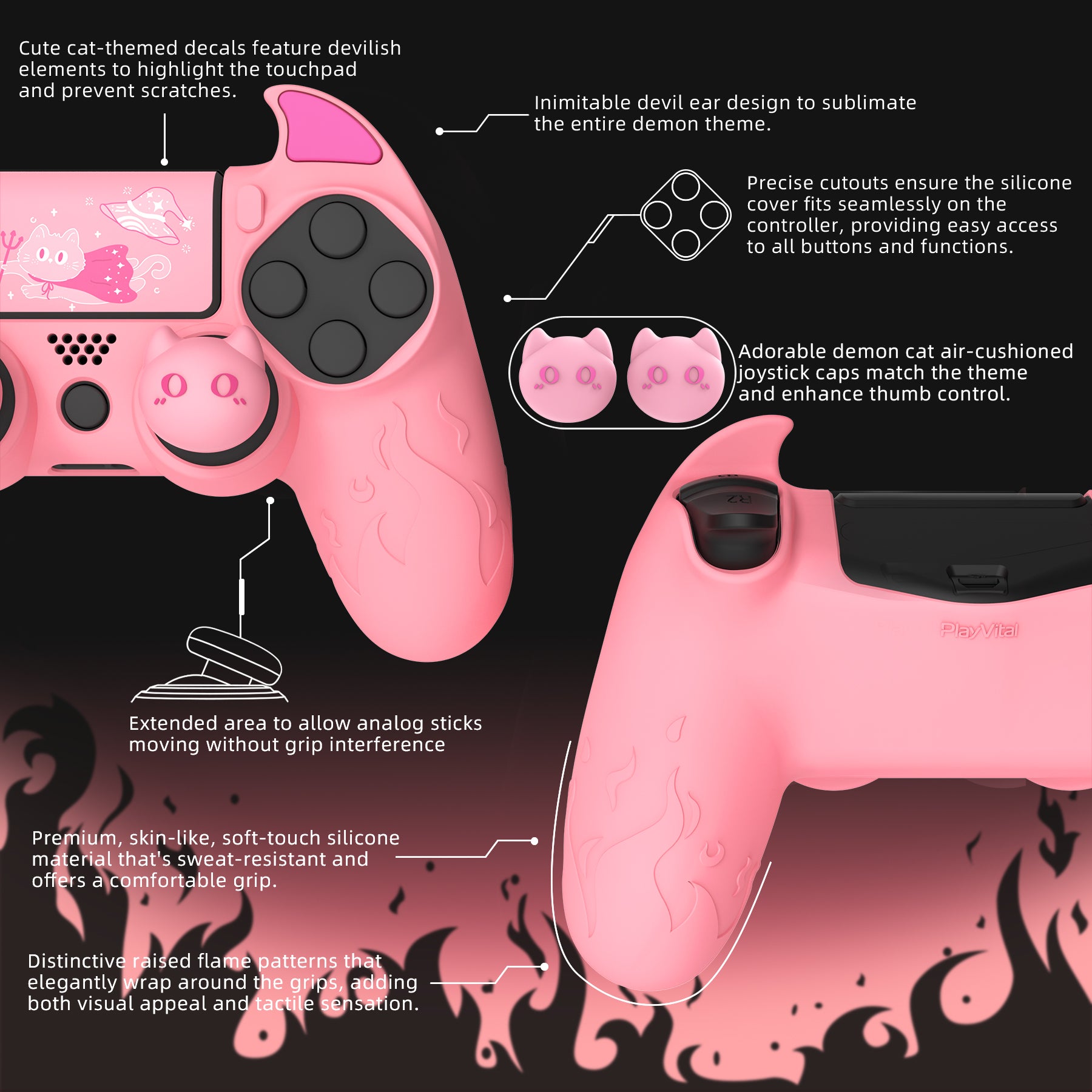 PlayVital Cute Demon Silicone Cover Grip Protector with Thumb Grips & Stickers for PS4 Controller - Pink PlayVital