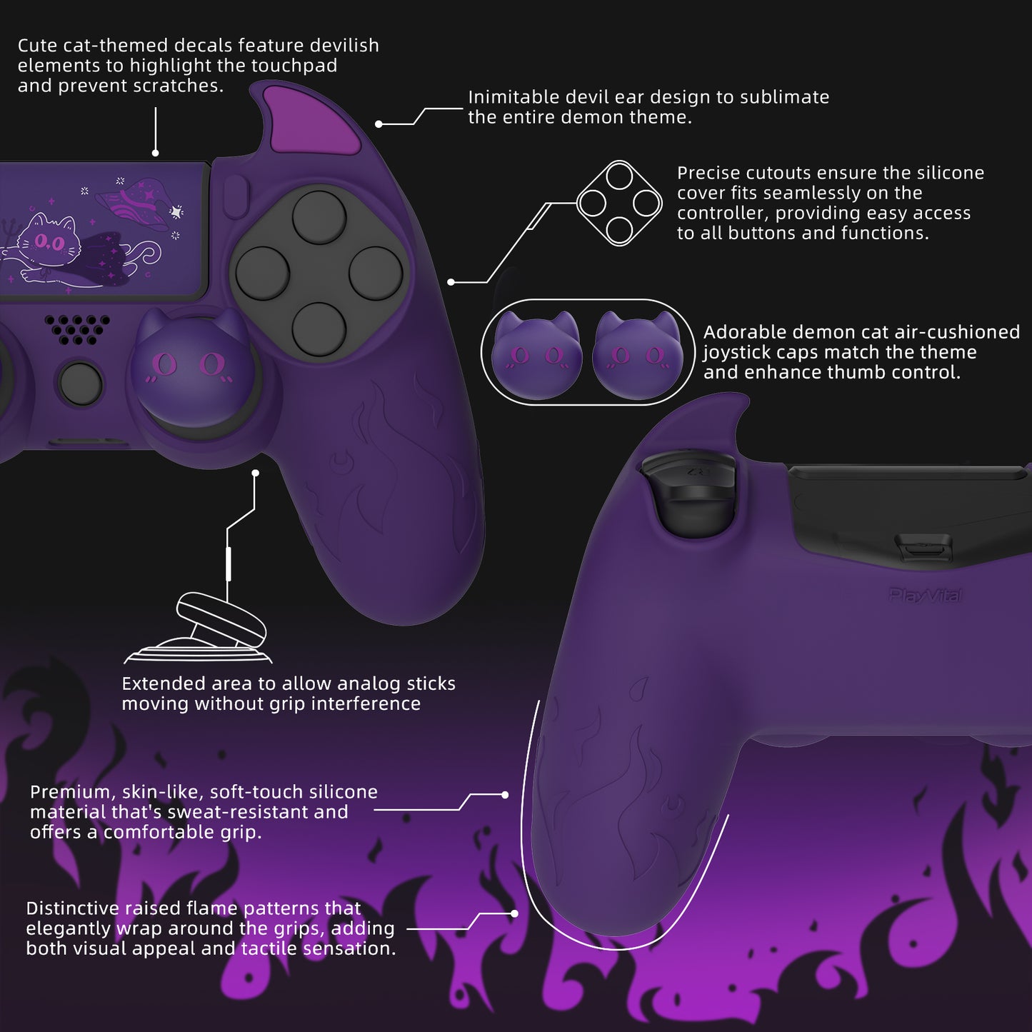 PlayVital Cute Demon Silicone Cover Grip Protector with Thumb Grips & Stickers for PS4 Controller - Purple PlayVital