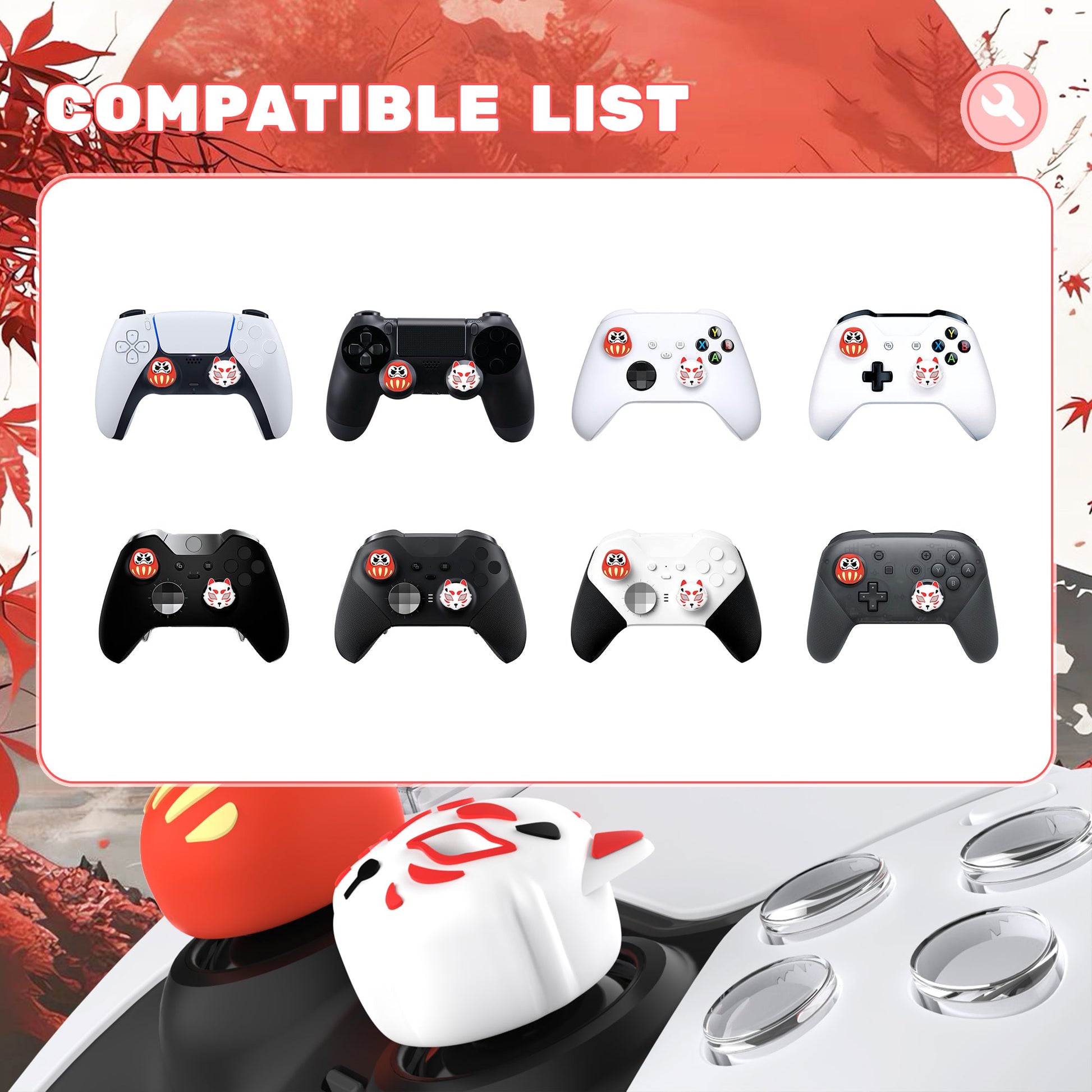 PlayVital Cute Universal Illuminated LED Thumbstick Grips for ps5 & ps4 & Xbox Series X/S & Xbox One & Switch Pro Controller - Daruma & Kitsune PlayVital