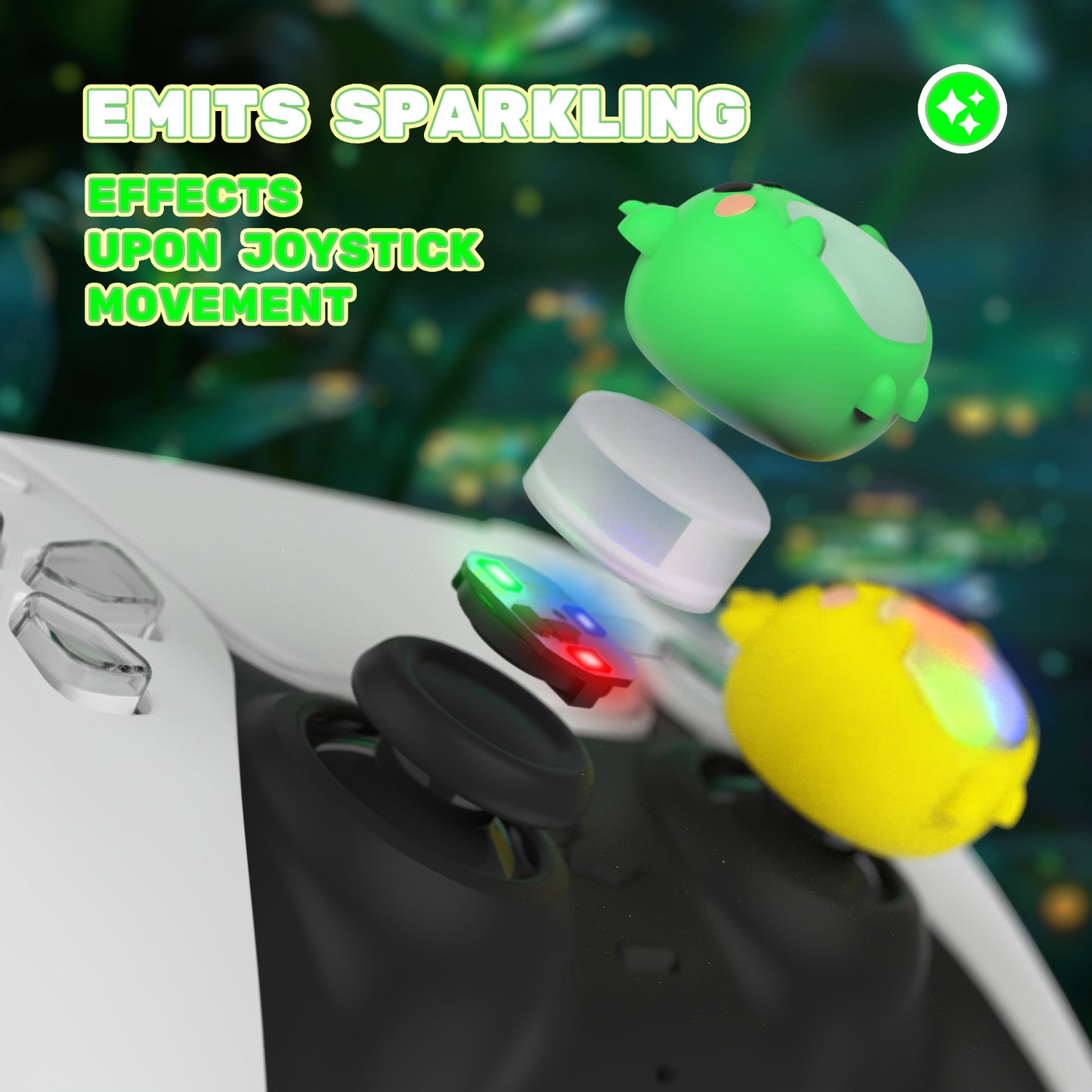 PlayVital Cute Universal Illuminated LED Thumbstick Grips for ps5 & ps4 & Xbox Series X/S & Xbox One & Switch Pro Controller - Frog Green & Yellow - PJM6001 PlayVital