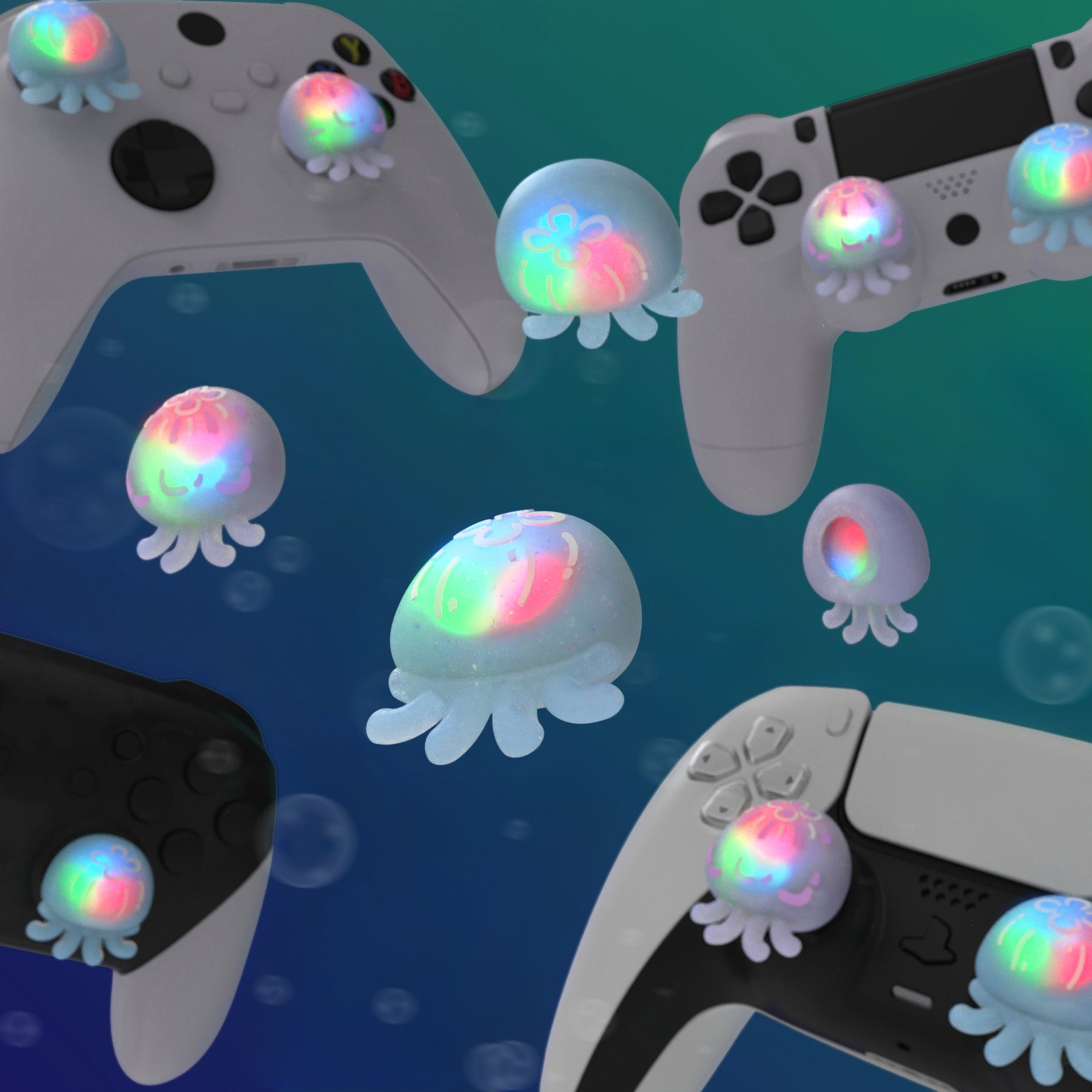 PlayVital Cute Universal Illuminated LED Thumbstick Grips for ps5 & ps4 & Xbox Series X/S & Xbox One & Switch Pro Controller - Jellyfish Purple & Blue - PJM6002 PlayVital
