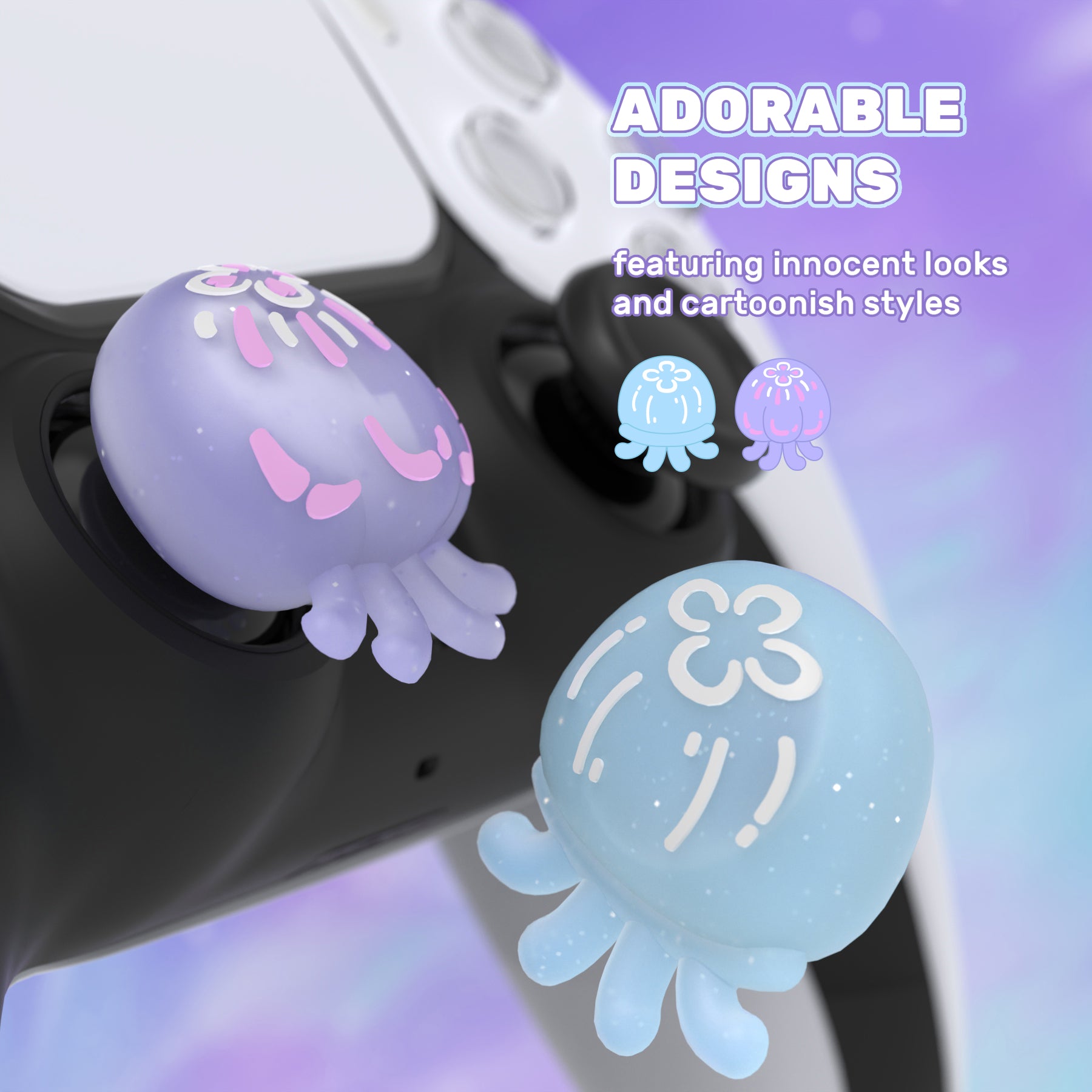 PlayVital Cute Universal Illuminated LED Thumbstick Grips for ps5 & ps4 & Xbox Series X/S & Xbox One & Switch Pro Controller - Jellyfish Purple & Blue - PJM6002 PlayVital