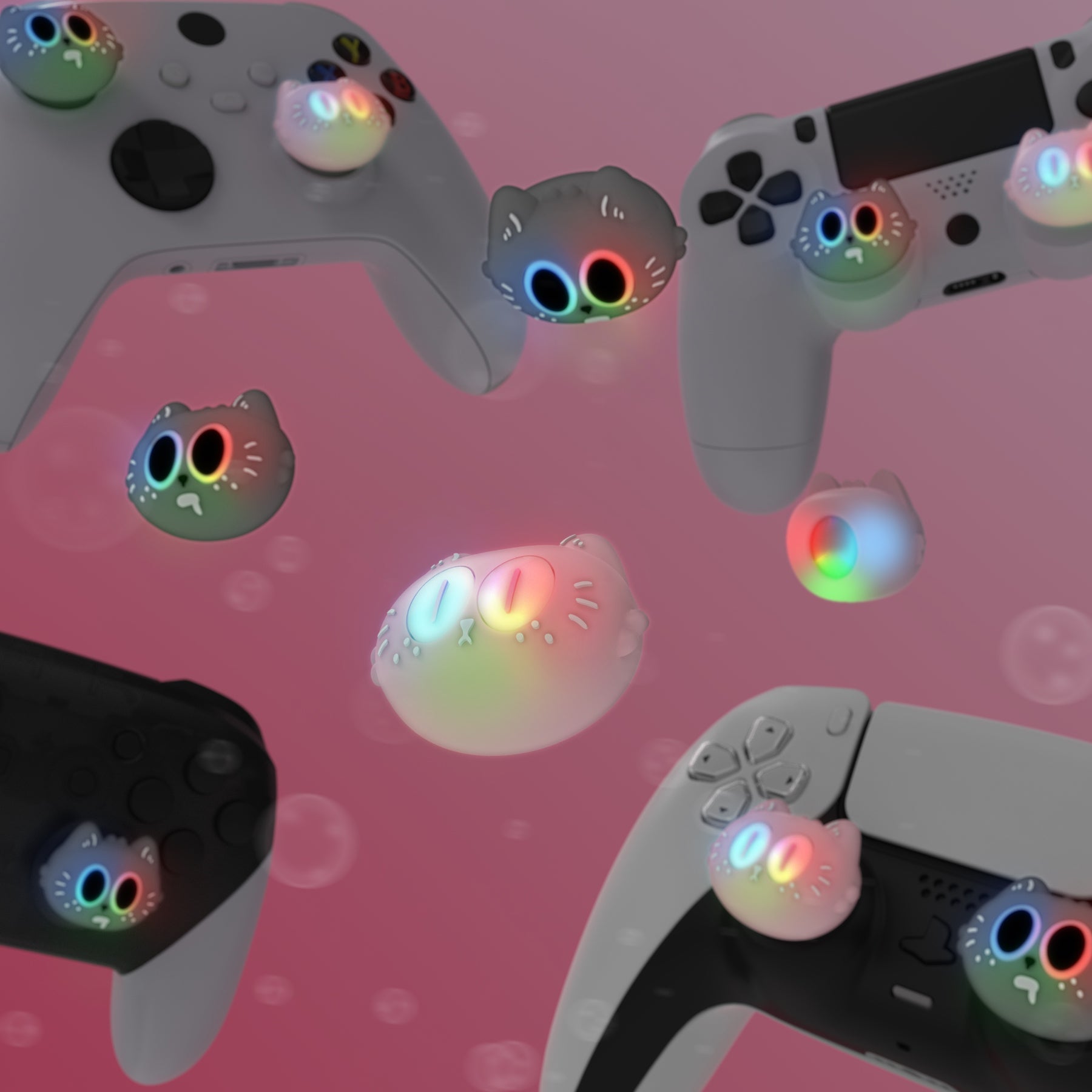 PlayVital Cute Universal Illuminated LED Thumbstick Grips for ps5 & ps4 & Xbox Series X/S & Xbox One & Switch Pro Controller - Moonlight Cat PlayVital