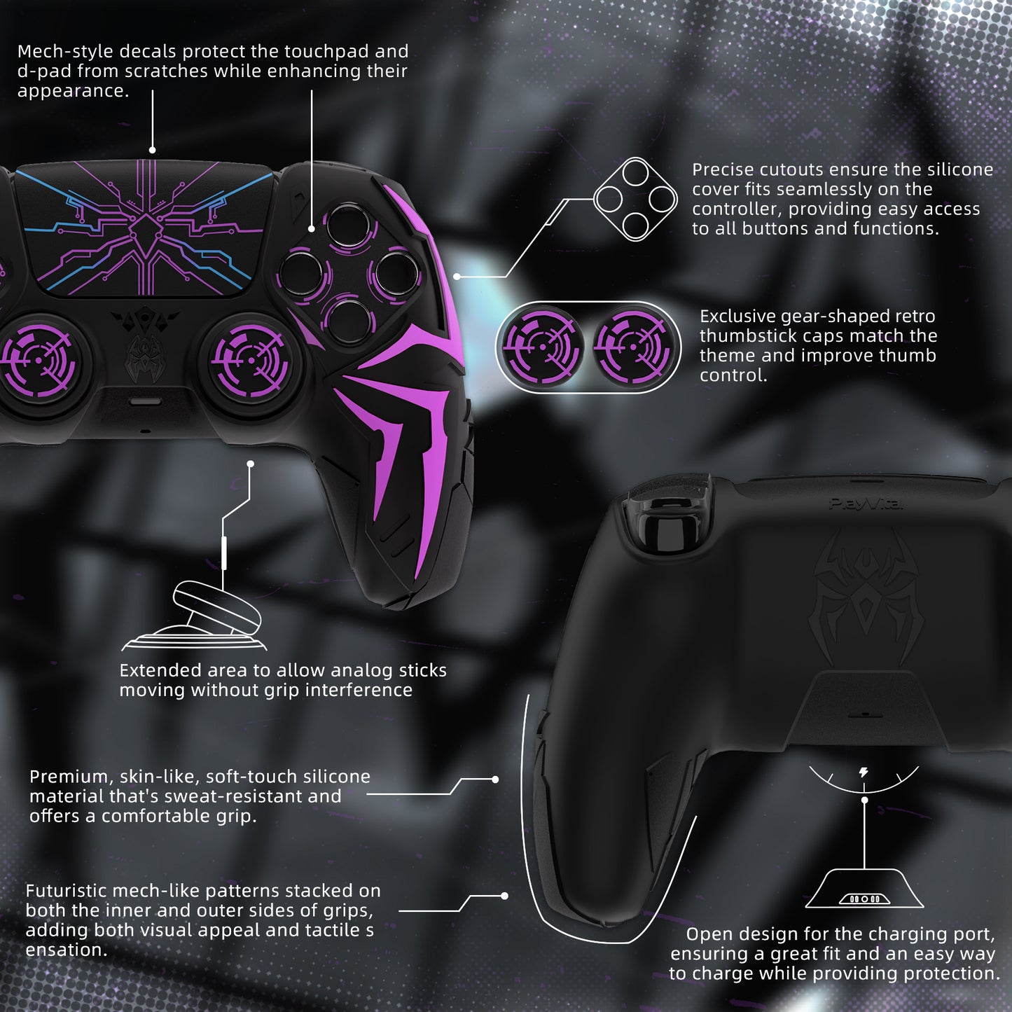 PlayVital Cyber Spider Design Silicone Case for PS5 Controller with 2 Thumb Grips and 6 Sticker, Compatible with Charging Dock - Black & Purple