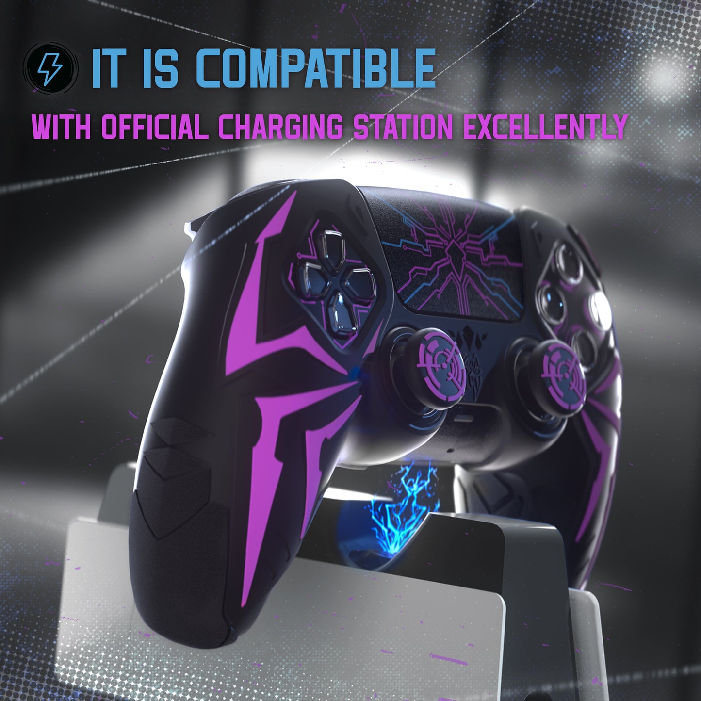 PlayVital Cyber Spider Design Silicone Case for PS5 Controller with 2 Thumb Grips and 6 Sticker, Compatible with Charging Dock - Black & Purple