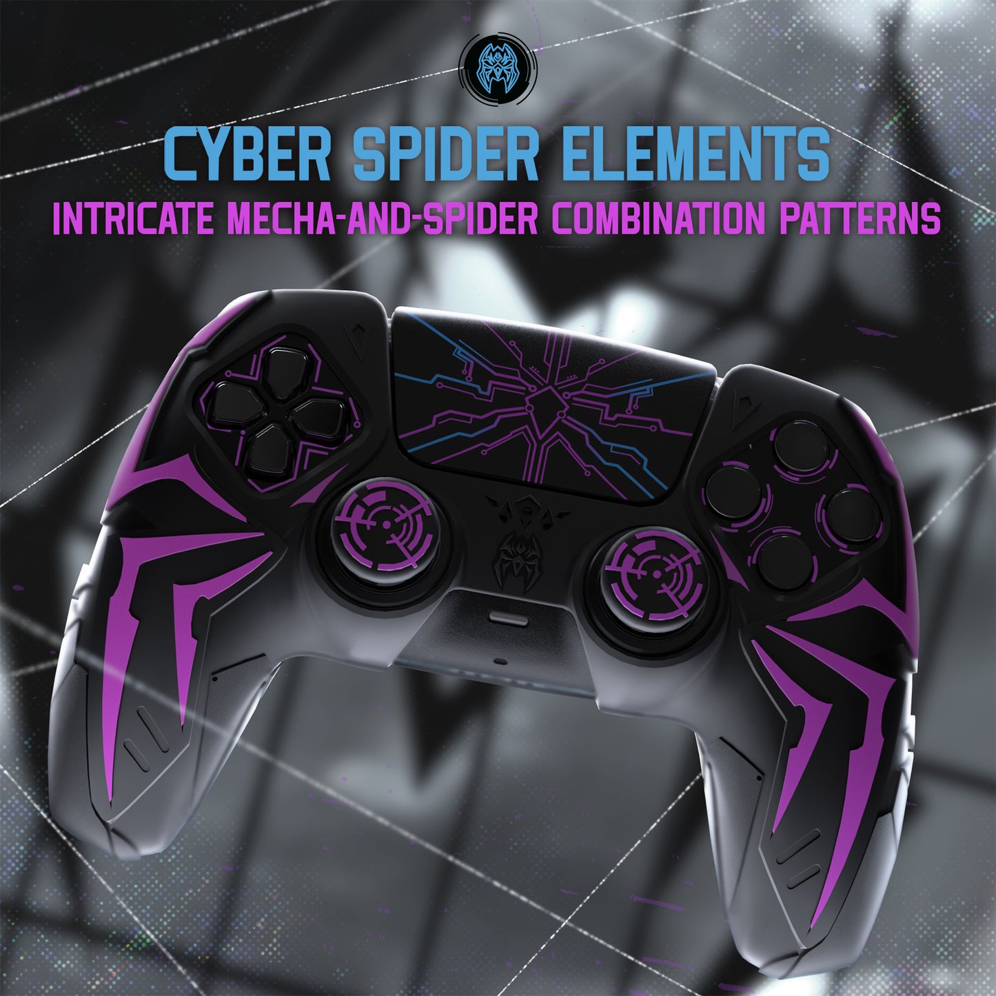 PlayVital Cyber Spider Design Silicone Case for PS5 Controller with 2 Thumb Grips and 6 Sticker, Compatible with Charging Dock - Black & Purple