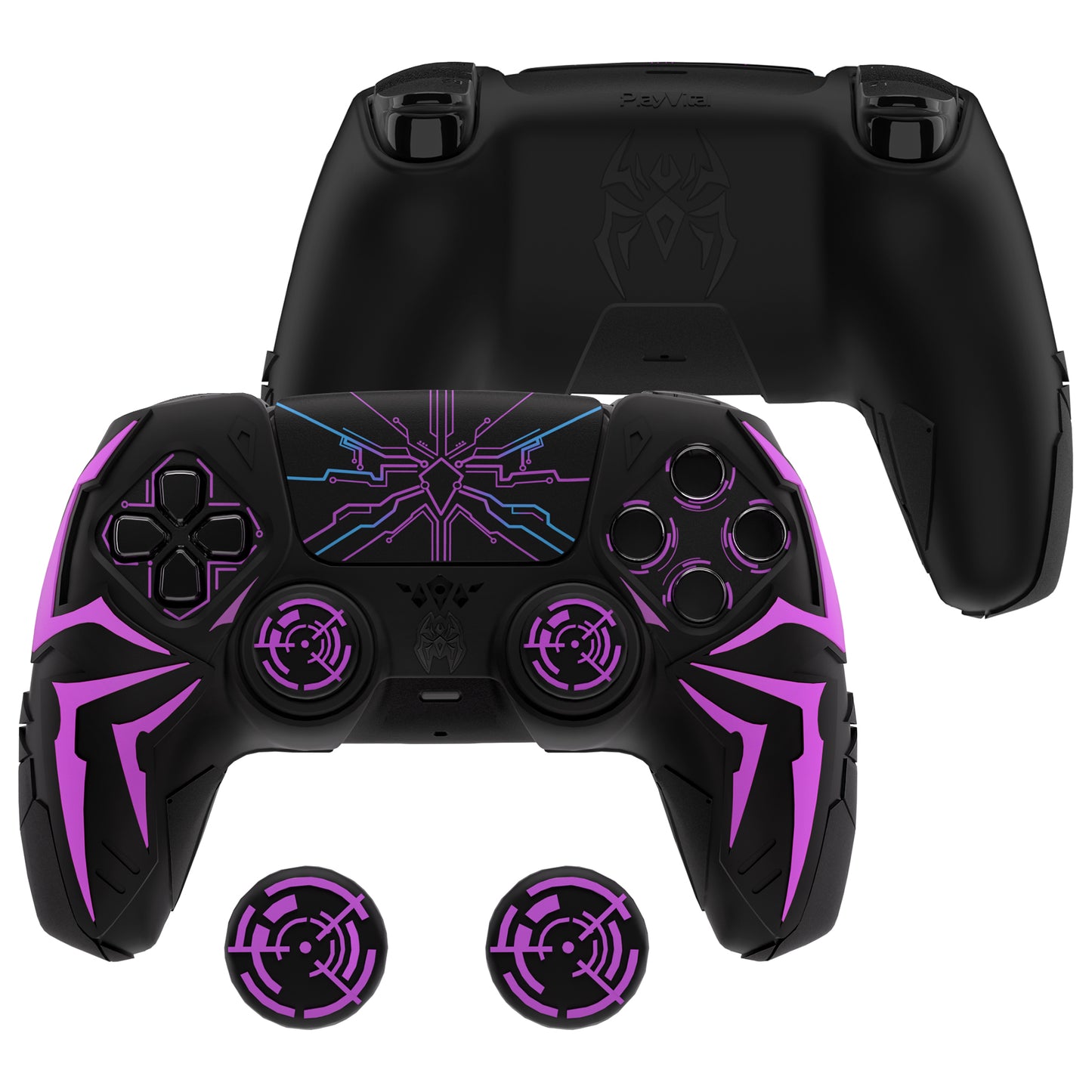 PlayVital Cyber Spider Design Silicone Case for PS5 Controller with 2 Thumb Grips and 6 Sticker, Compatible with Charging Dock - Black & Purple