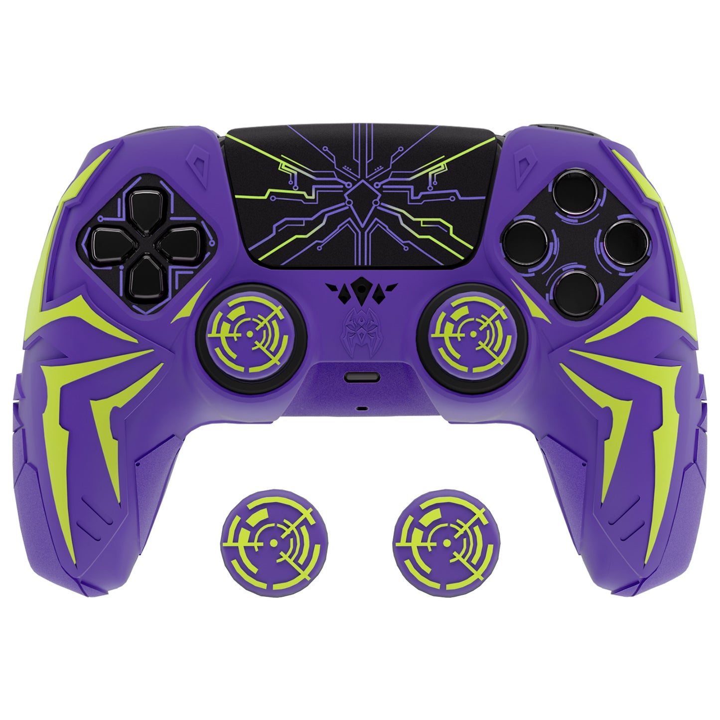 PlayVital Cyber Spider Design Silicone Case for PS5 Controller with 2 Thumb Grips and 6 Sticker, Compatible with Charging Dock - Purple & Green