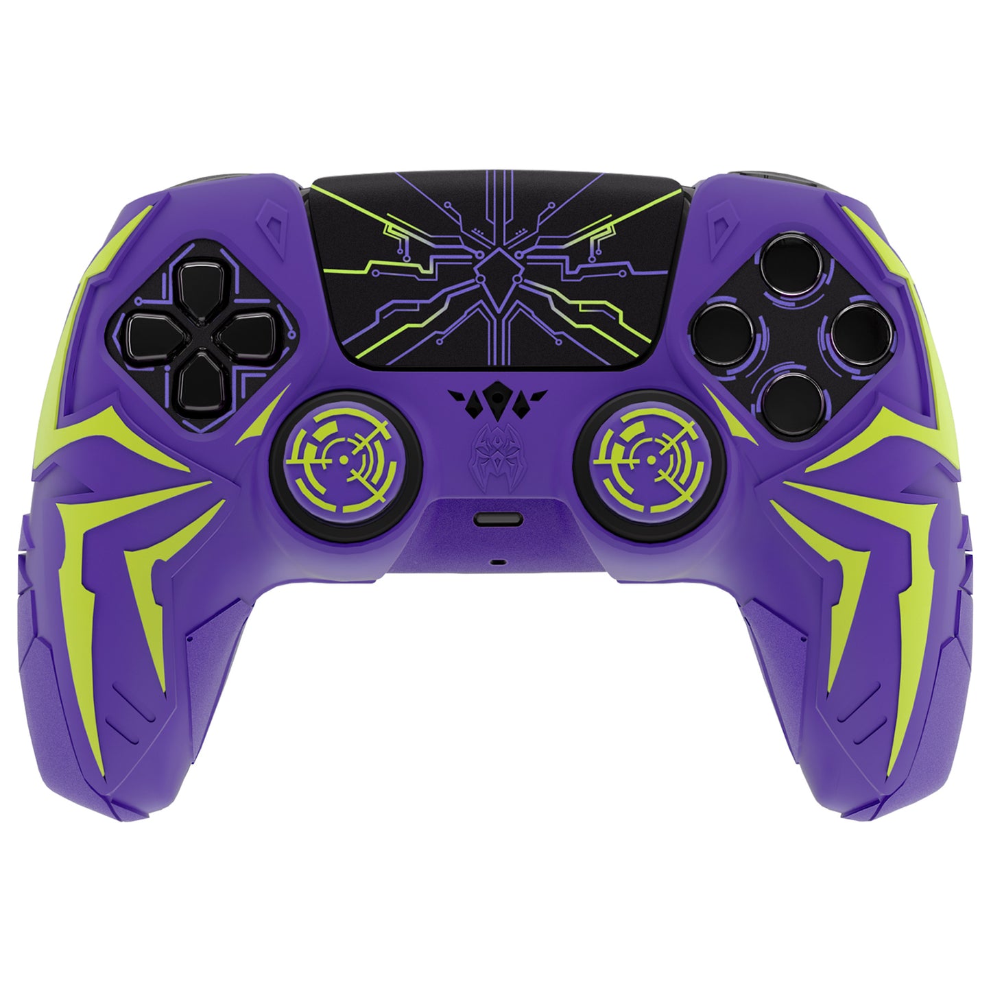 PlayVital Cyber Spider Design Silicone Case for PS5 Controller with 2 Thumb Grips and 6 Sticker, Compatible with Charging Dock - Purple & Green