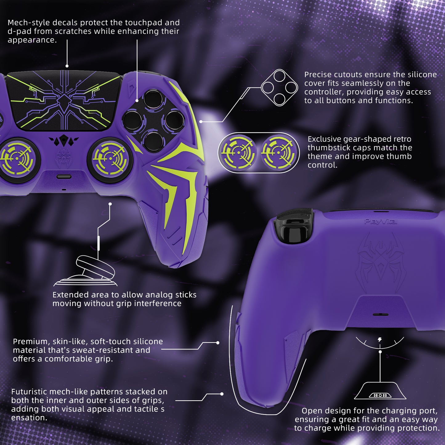 PlayVital Cyber Spider Design Silicone Case for PS5 Controller with 2 Thumb Grips and 6 Sticker, Compatible with Charging Dock - Purple & Green