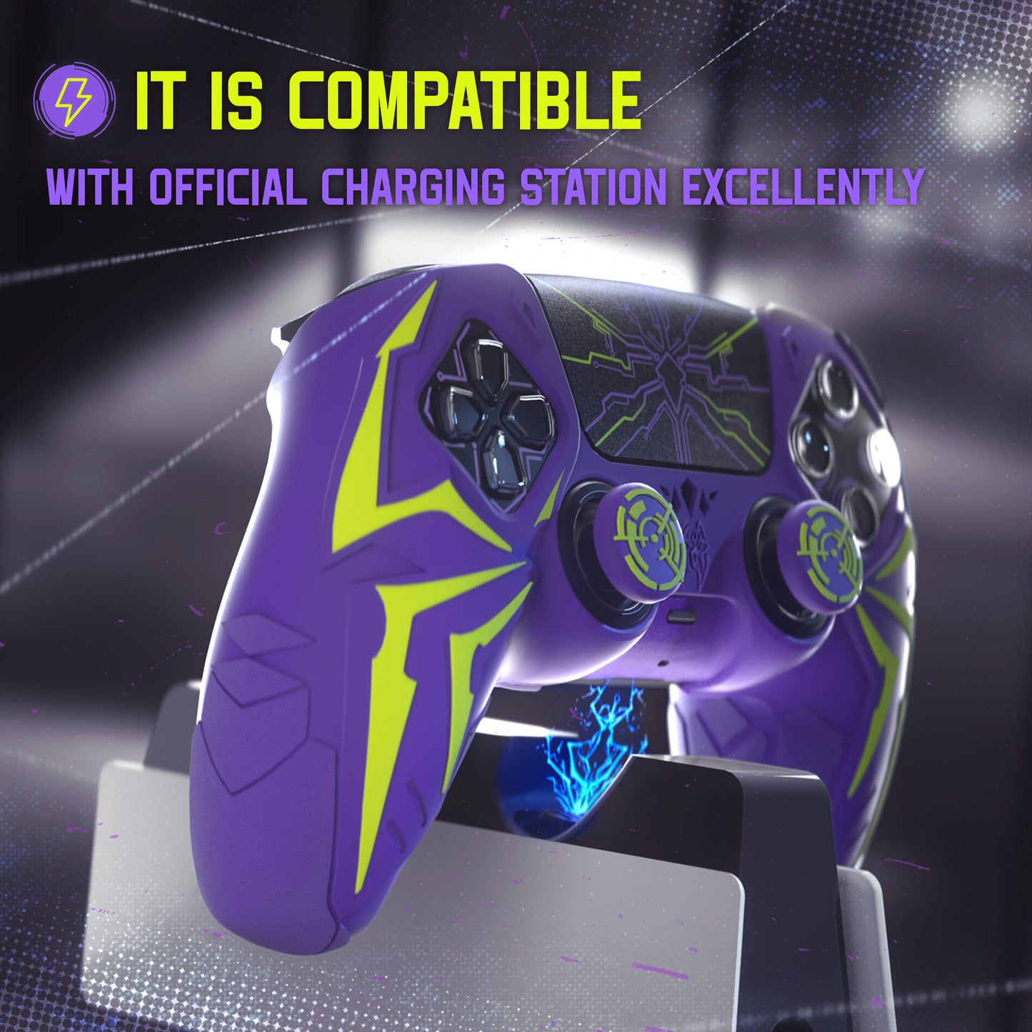 PlayVital Cyber Spider Design Silicone Case for PS5 Controller with 2 Thumb Grips and 6 Sticker, Compatible with Charging Dock - Purple & Green