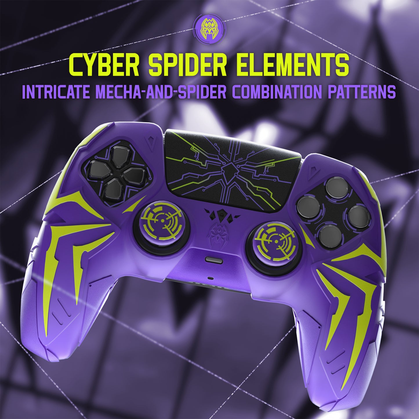 PlayVital Cyber Spider Design Silicone Case for PS5 Controller with 2 Thumb Grips and 6 Sticker, Compatible with Charging Dock - Purple & Green