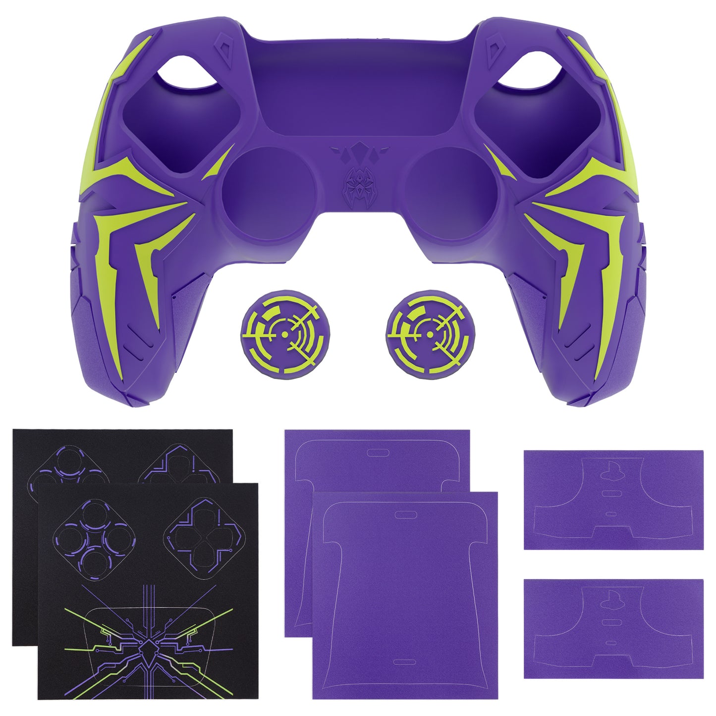 PlayVital Cyber Spider Design Silicone Case for PS5 Controller with 2 Thumb Grips and 6 Sticker, Compatible with Charging Dock - Purple & Green