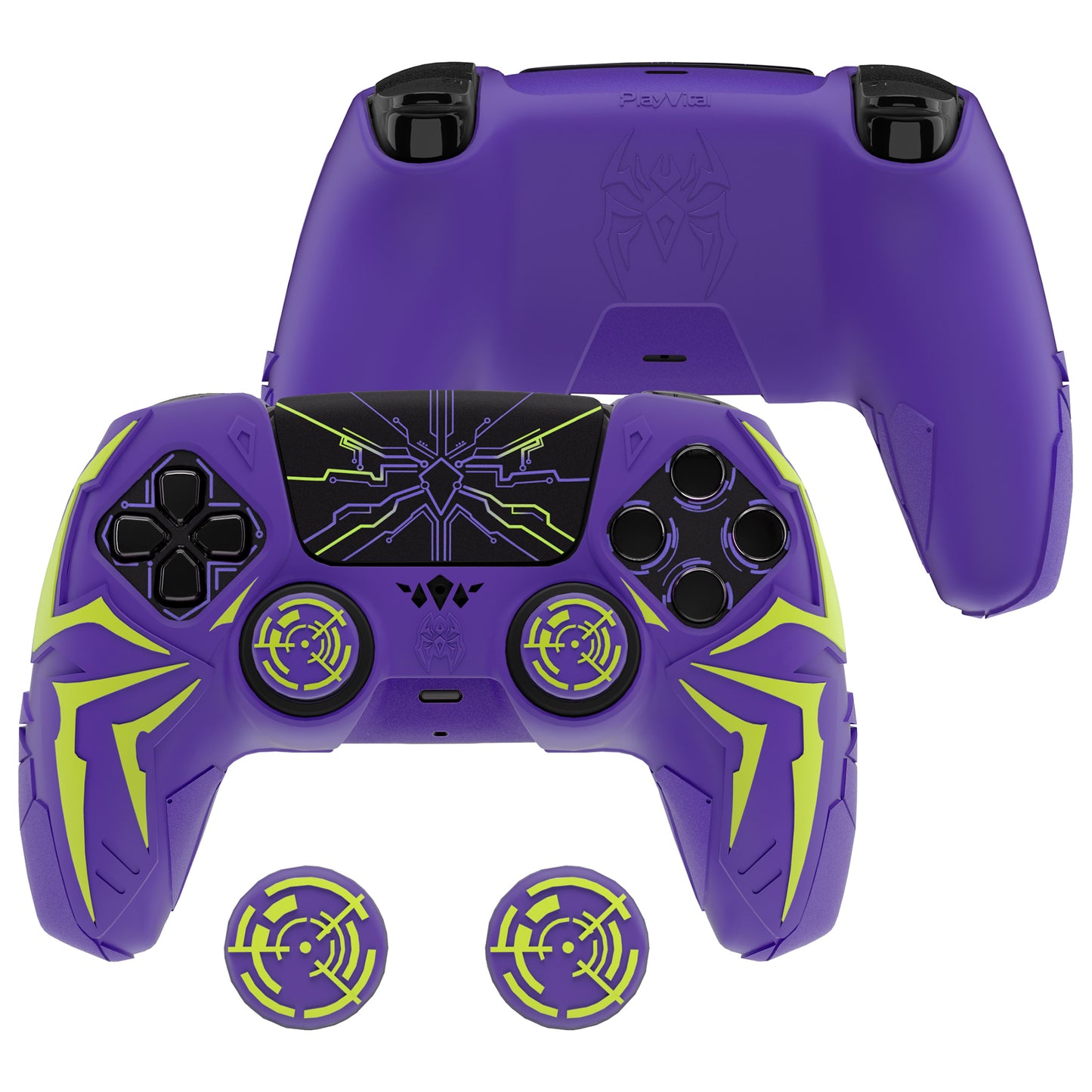 PlayVital Cyber Spider Design Silicone Case for PS5 Controller with 2 Thumb Grips and 6 Sticker, Compatible with Charging Dock - Purple & Green