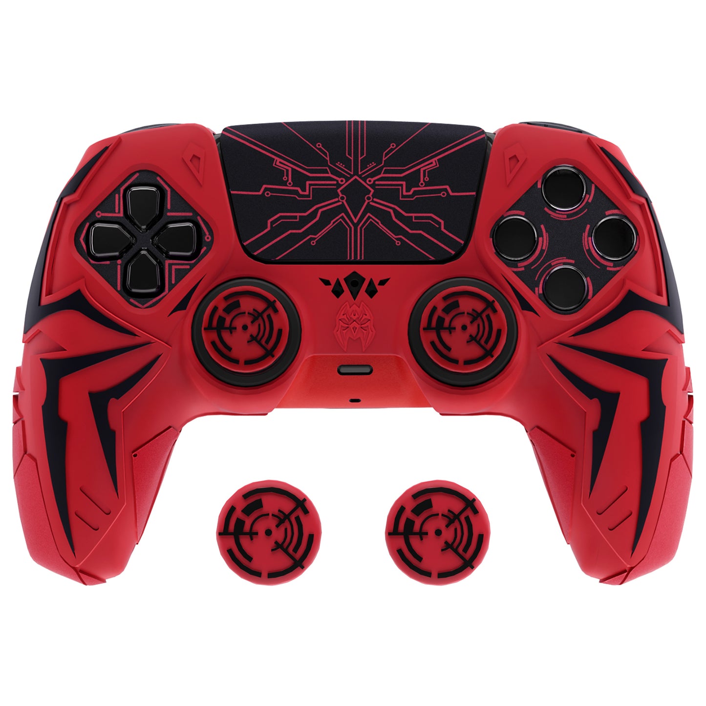 PlayVital Cyber Spider Design Silicone Case for PS5 Controller with 2 Thumb Grips and 6 Sticker, Compatible with Charging Dock - Red & Black