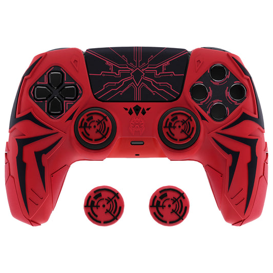 PlayVital Cyber Spider Design Silicone Case for PS5 Controller with 2 Thumb Grips and 6 Sticker, Compatible with Charging Dock - Red & Black