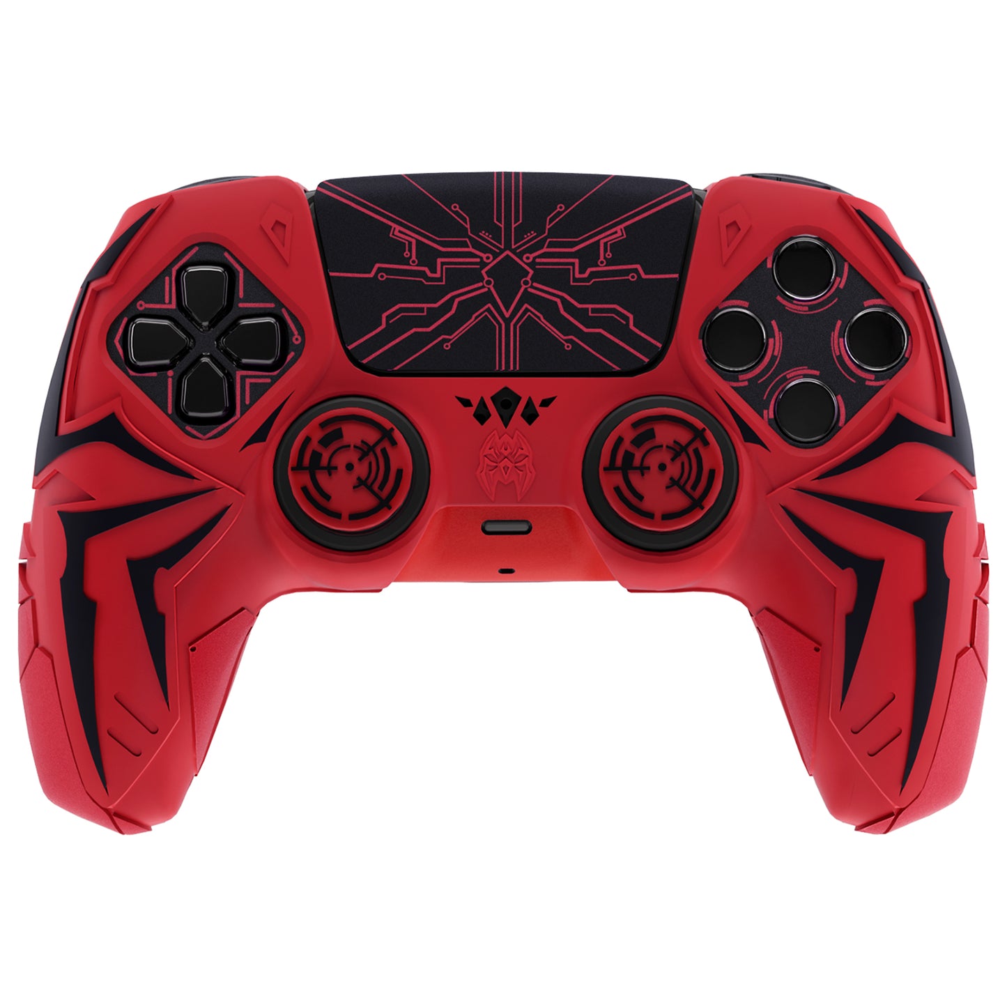 PlayVital Cyber Spider Design Silicone Case for PS5 Controller with 2 Thumb Grips and 6 Sticker, Compatible with Charging Dock - Red & Black