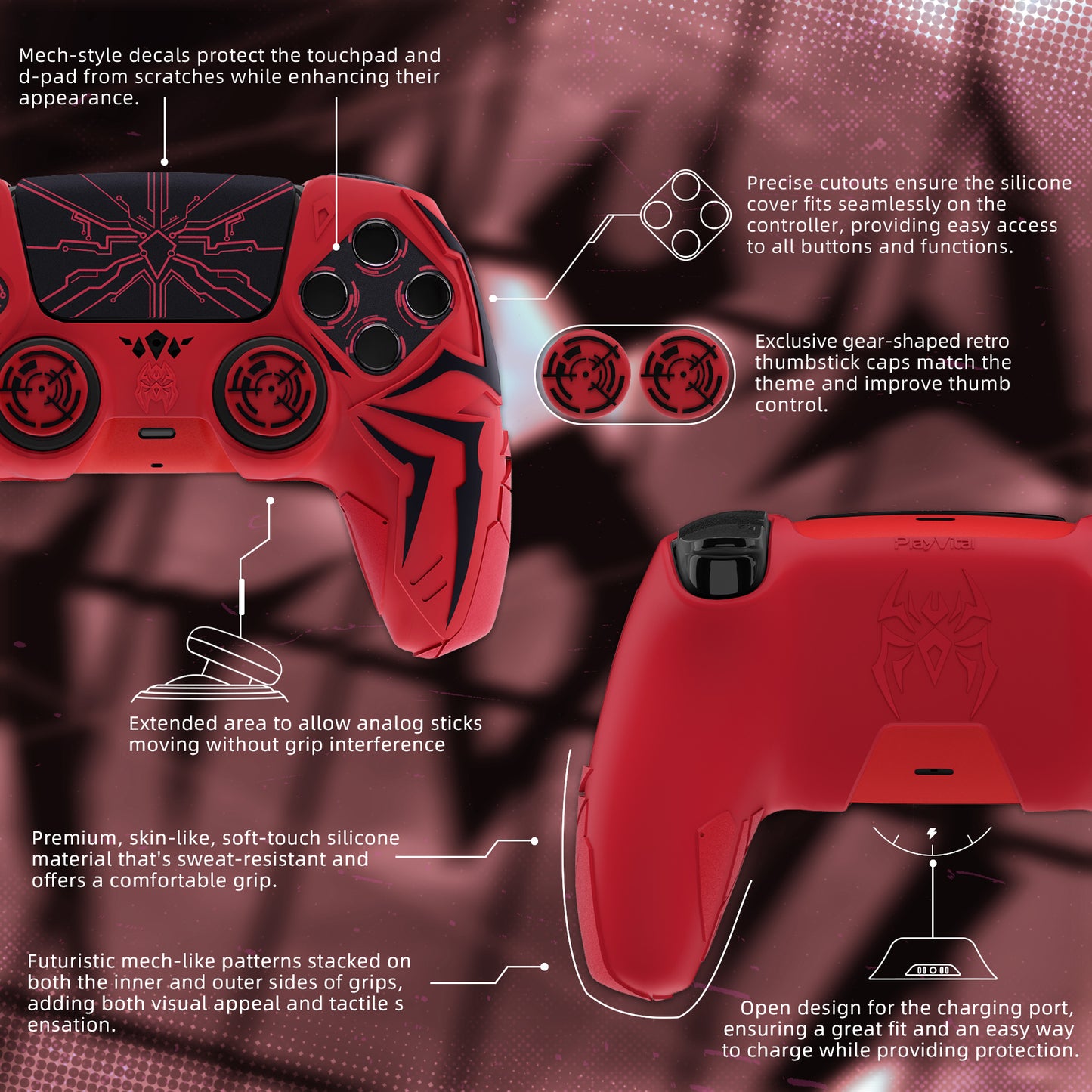 PlayVital Cyber Spider Design Silicone Case for PS5 Controller with 2 Thumb Grips and 6 Sticker, Compatible with Charging Dock - Red & Black